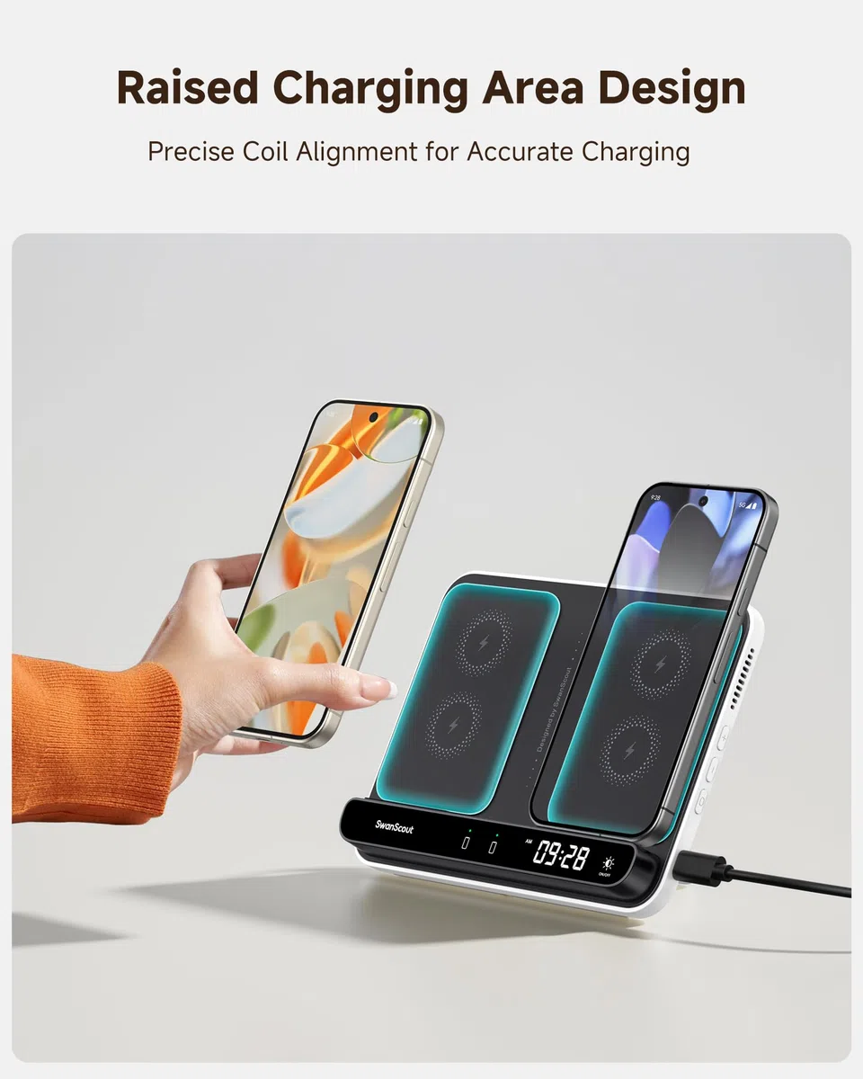 SwanScout Dual Charging Station for Pixel Watch 3/2/Fitbit Versa 4/3/Sense 2 (Not for Watch 1), Wireless Charger With Buds Pro 2 and Other Device Support, Model 710G2