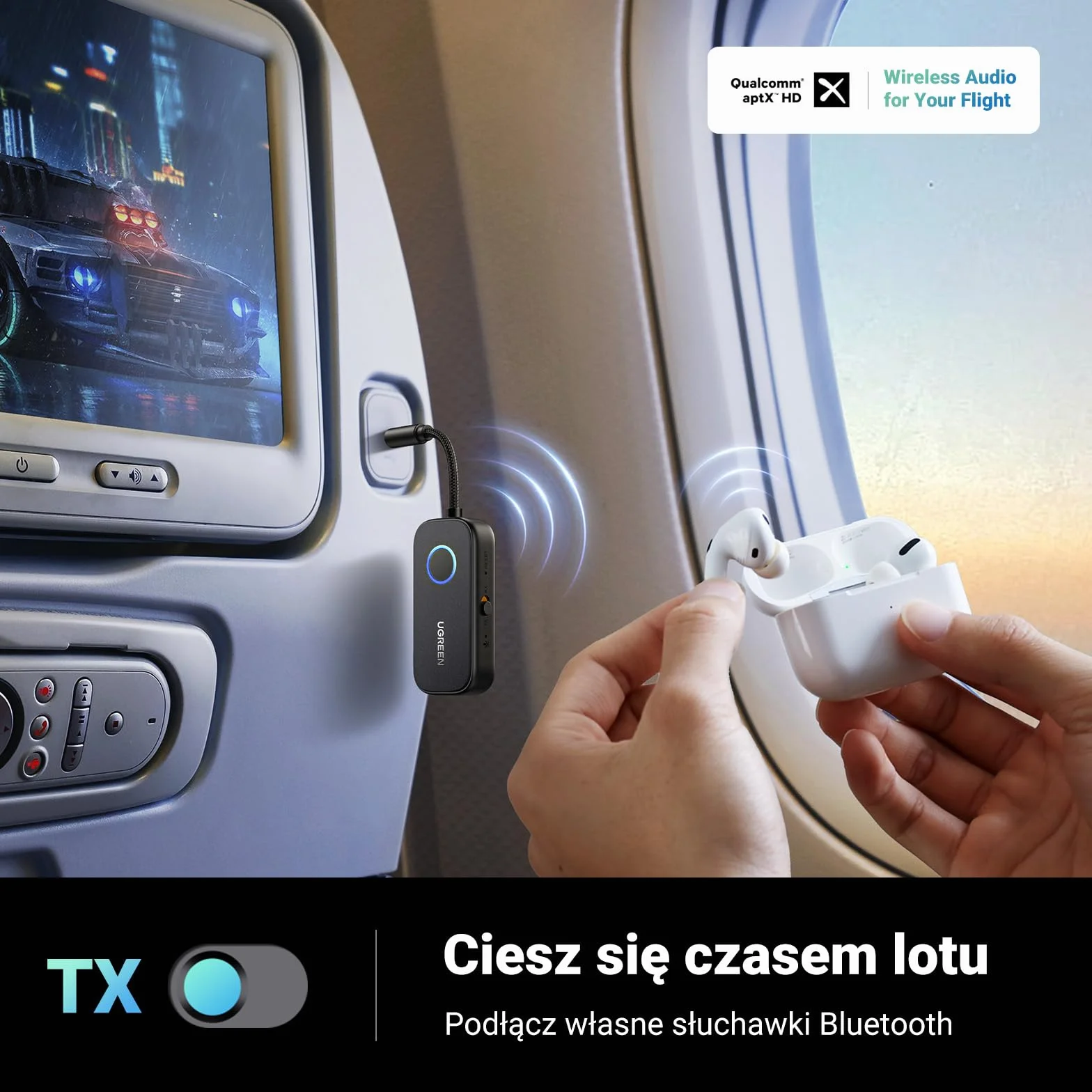 UGREEN aptX Bluetooth 5.3 adapter do AirPods lub słuchawek, podwójna para, bezprzewodowy 3,5 mm Aux Audio nadajnik/odbiornik do lotu, telewizora i samochodowego stereo