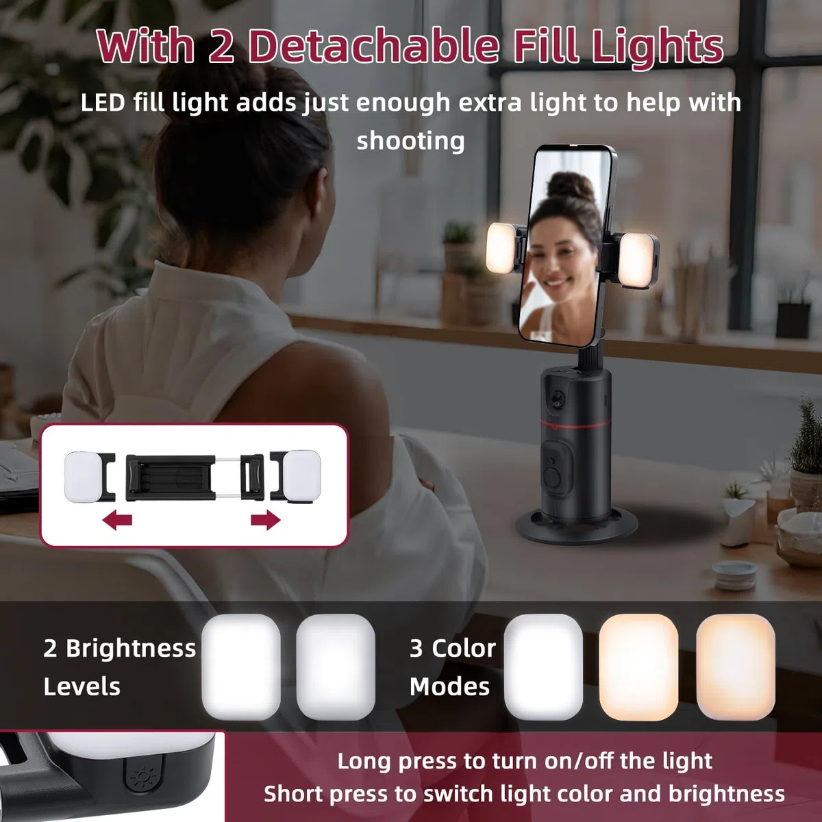 Mcbazel 360 Rotating Smart Face/Body Shooting Holder,Auto Face Tracking Tripod,Rechargeable Selfie Stick Phone Tripod with Fill Light for Vlog,Streaming,Video,Tiktok (Upgraded Version/No App)