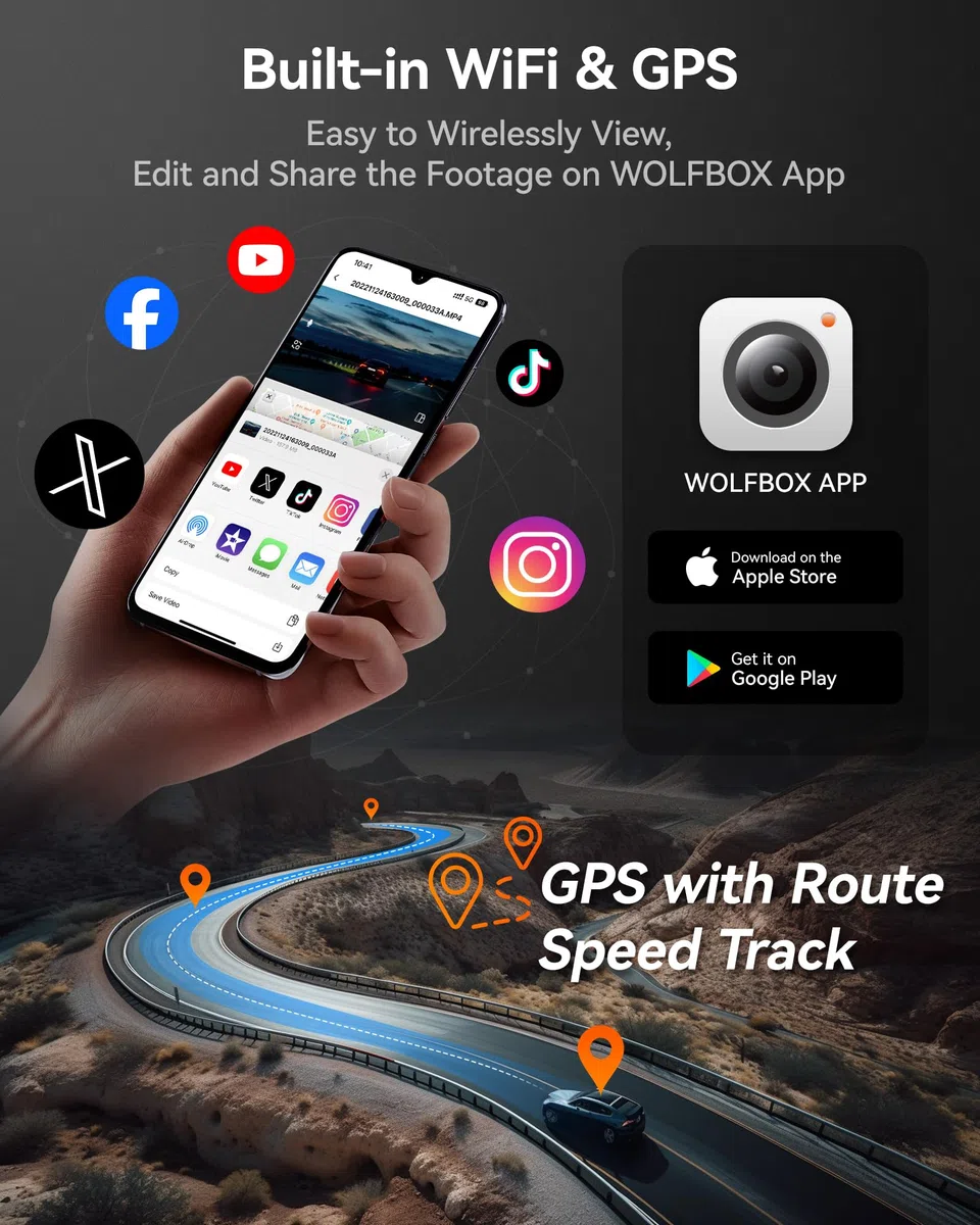 WOLFBOX i07 Kamera samochodowa, 3-kanałowa z WiFi GPS, 4K+1080p, z przodu i wewnątrz, 2.5K+1080p, 3" LCD super IR noktowizor,24-godzinny monitor parkowania, maks 512 GB"}