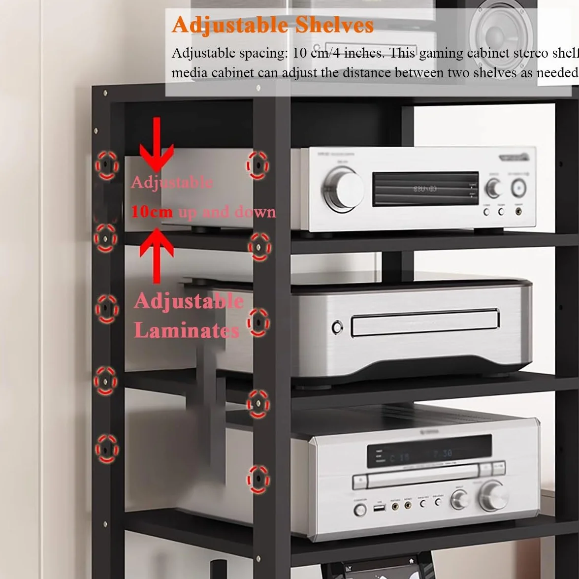 Szafka na sprzęt audio, 5-poziomowa szafka stojąca na komponenty stereo, stojak audio-wideo, jednostka multimedialna, półka gramofon, półki do przechowywania płyt, wysokie centrum rozrywki(Red)