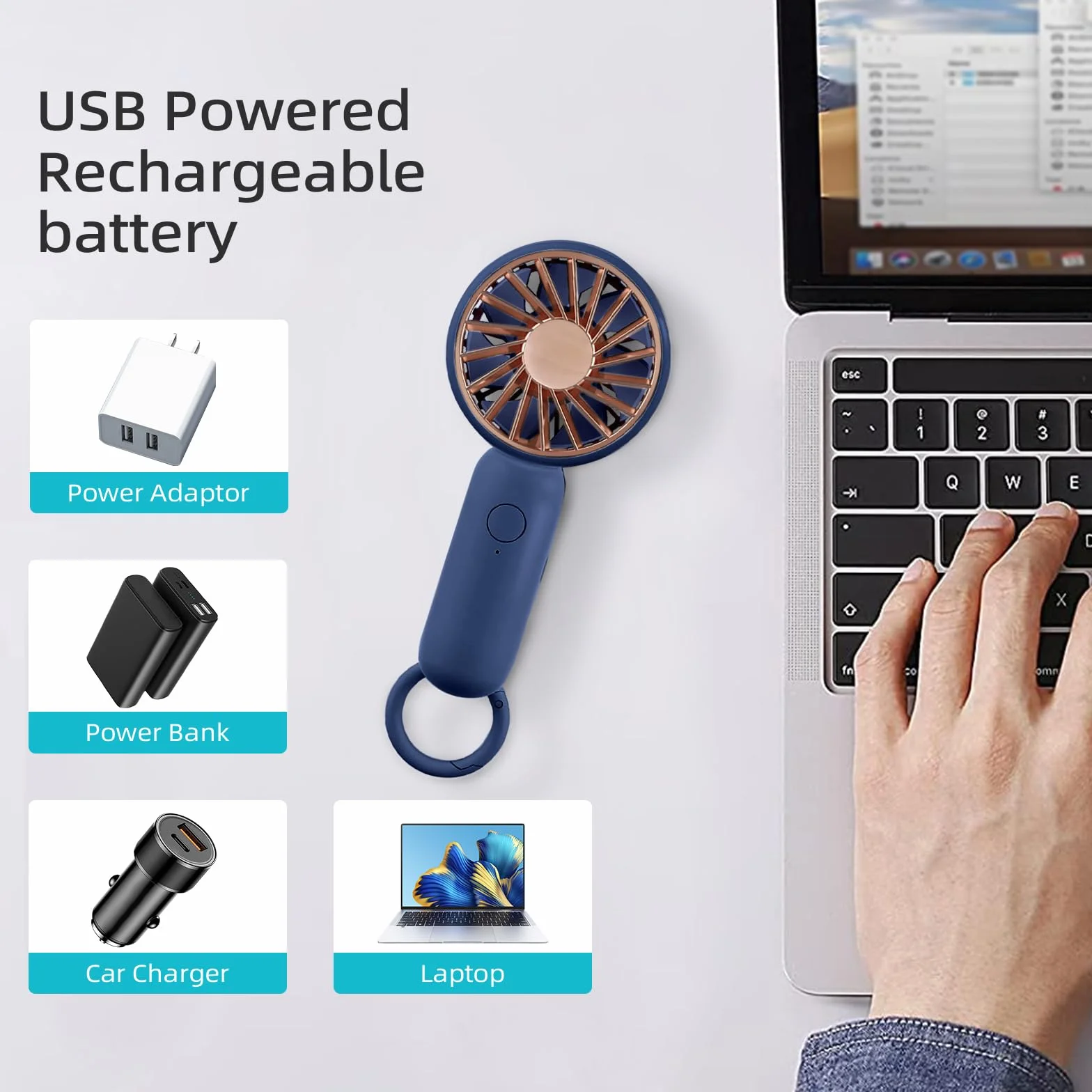 Jsdoin Mini wentylator ręczny USB, wentylator biurkowy z klamrą, lekki, niebieski