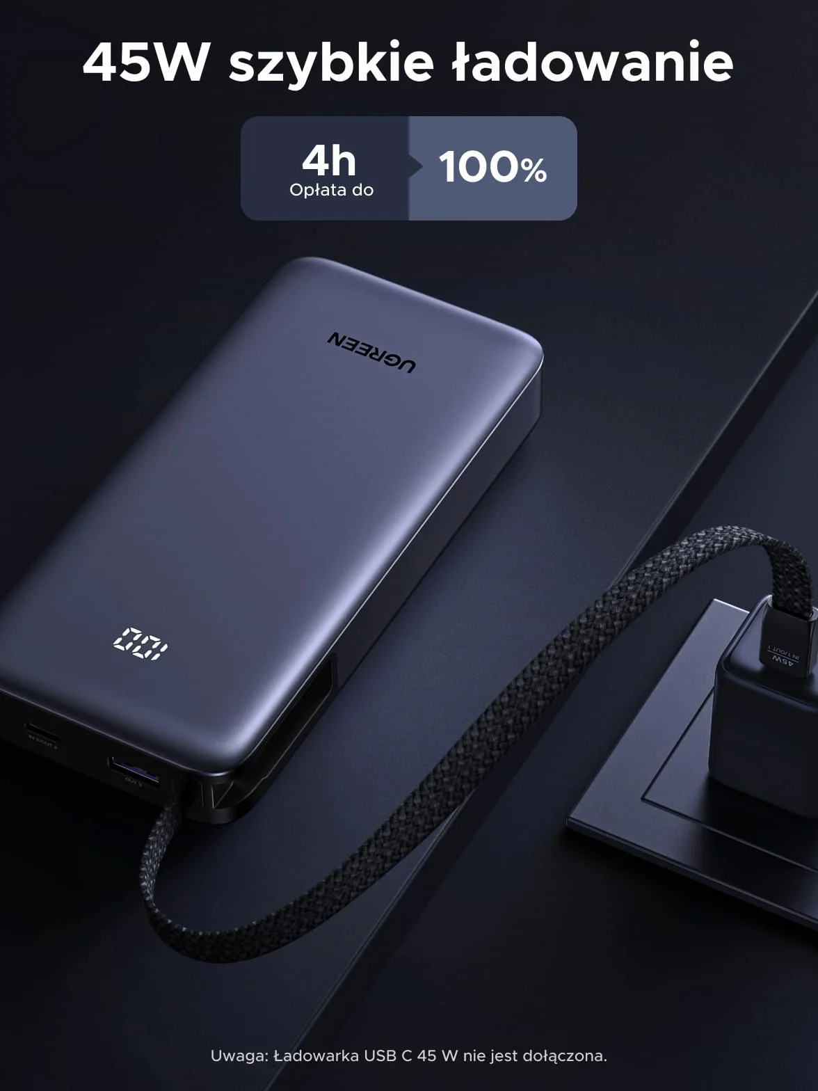 UGREEN Power Bank 20000 mAh 45W zintegrowany kabel USB-C dwukierunkowe zasilanie zewnętrzna bateria Galaxy S25+/Ultra