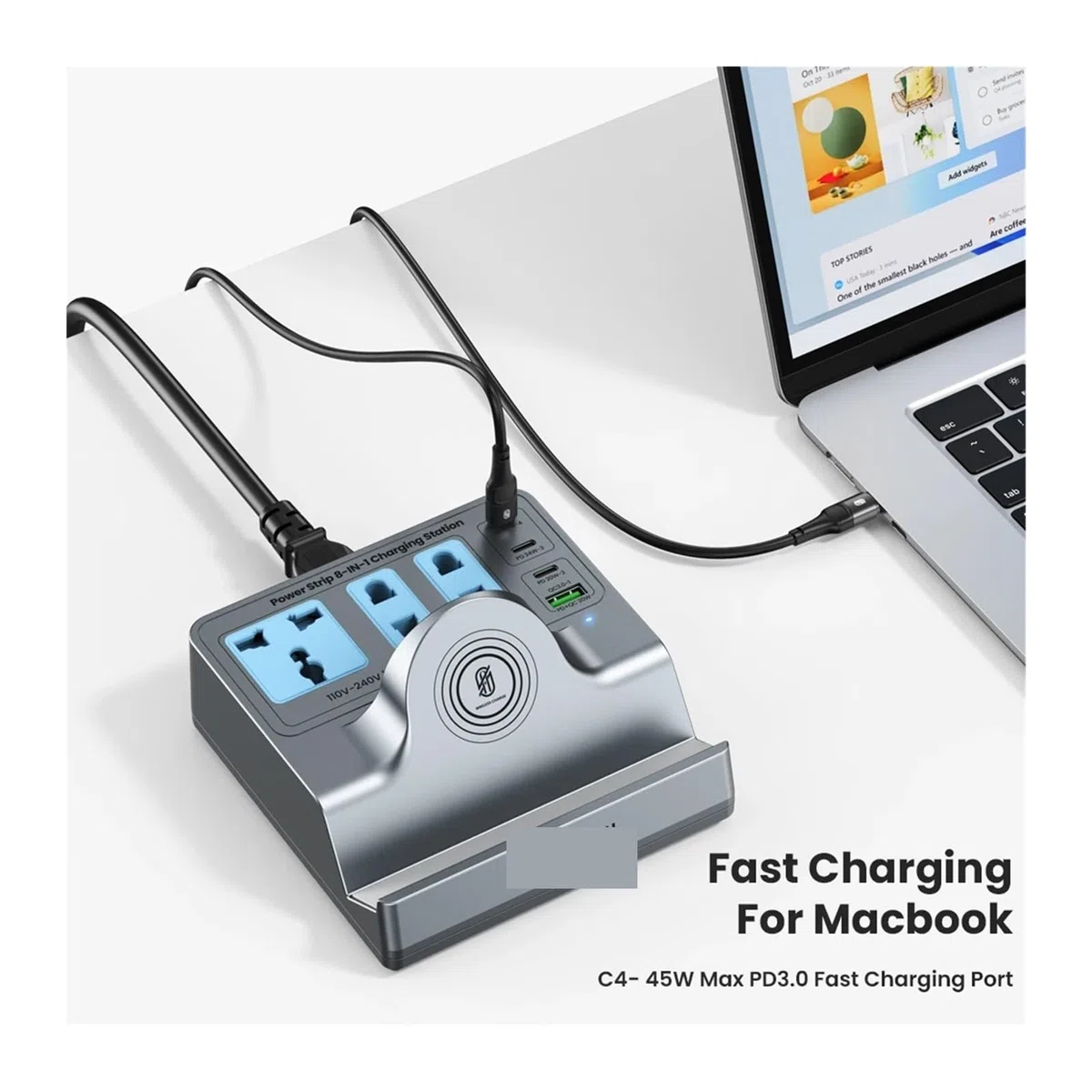 Szybka ładowarka biurkowa 8 w 1 z wieloma portami USB typu C PD Bezprzewodowa ładowarka Stojak 3 Przedłużacz gniazdka elektrycznego Przenośny i kompaktowy