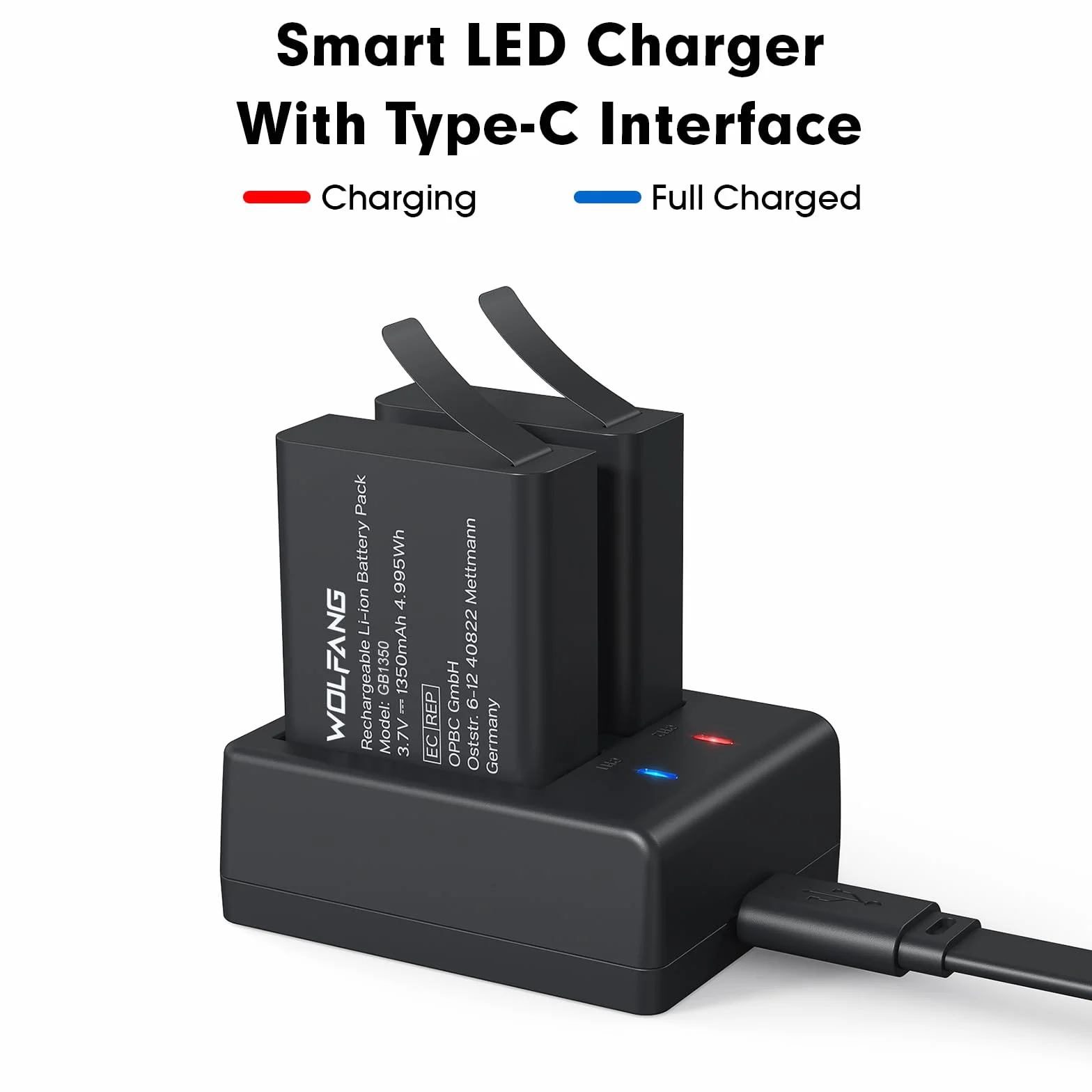 WOLFANG Podwójna Ładowarka z 2 Bateriami 1350mAh, Stacja Ładowania USB-C do Kamer Sportowych GA100, GA120, GA200, GA300, SF230, EK7000