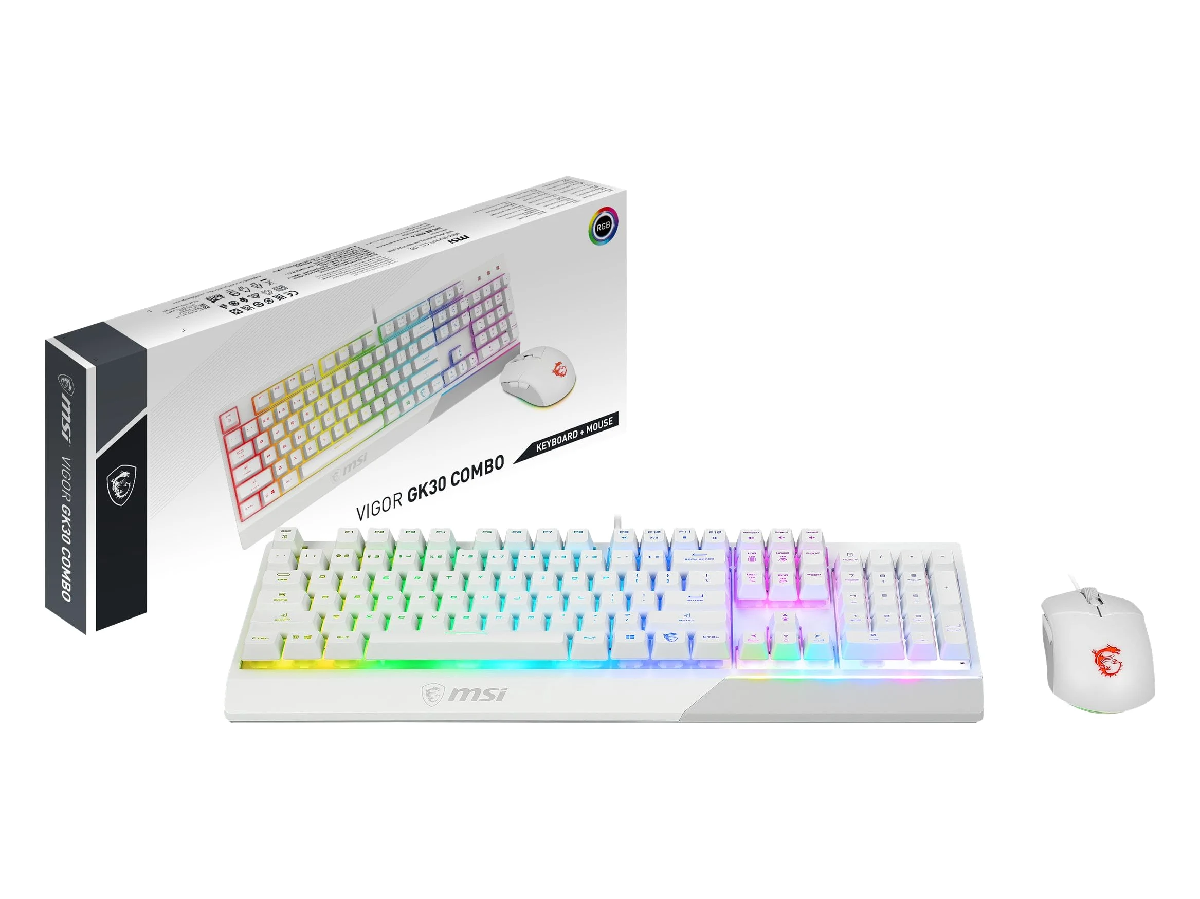 MSI Vigor GK30 Combo White DE GK30 klawiatura gamingowa i mysz gamingowa GM11 (przewodowa, przełącznik Plunger, układ QWERTZ, biała, RGB)