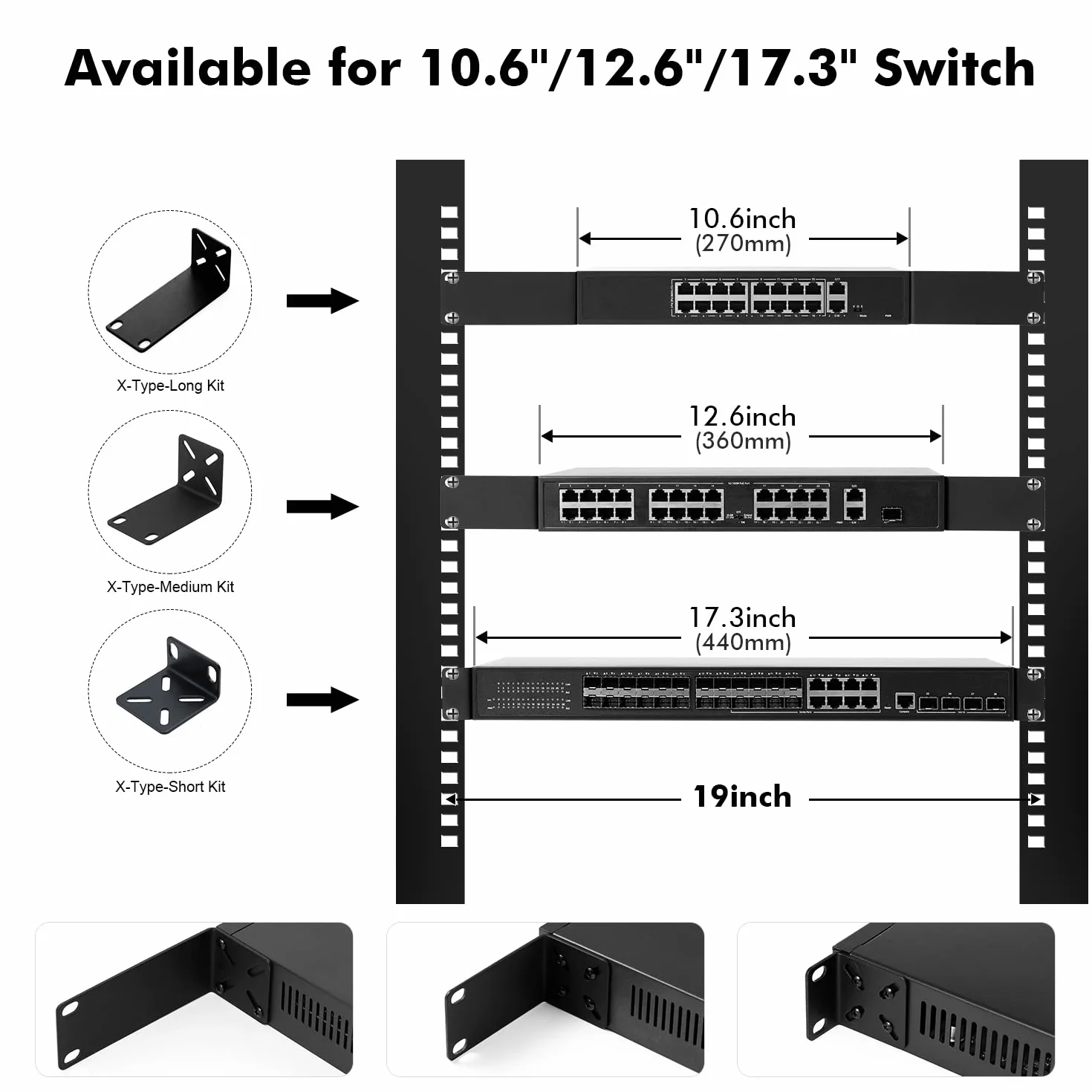 MokerLink Zestaw montażowy do przełączników 43,9 cm regulowany odstęp 14-29 mm kompatybilny Cisco NETGEAR Dell D-Link