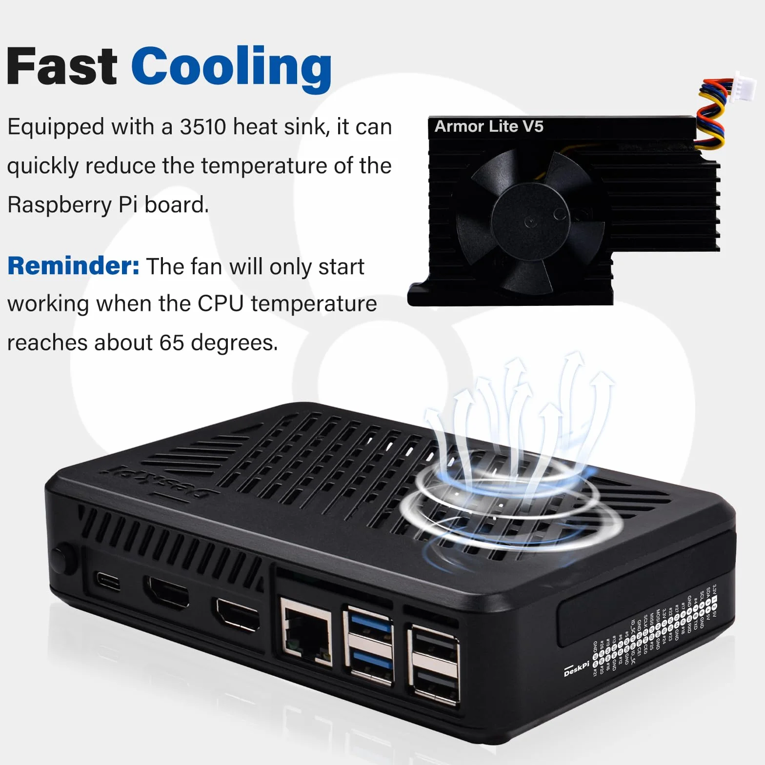 GeeekPi DeskPi Lite Pi5 Obudowa z przyciskiem zasilania, PCIe na M.2 HAT, aktywnym chłodzeniem i podwójnym HDMI w pełnym rozmiarze dla Raspberry Pi 5, obsługuje dyski M.2 NVMe M-Key 2230/2242/2260