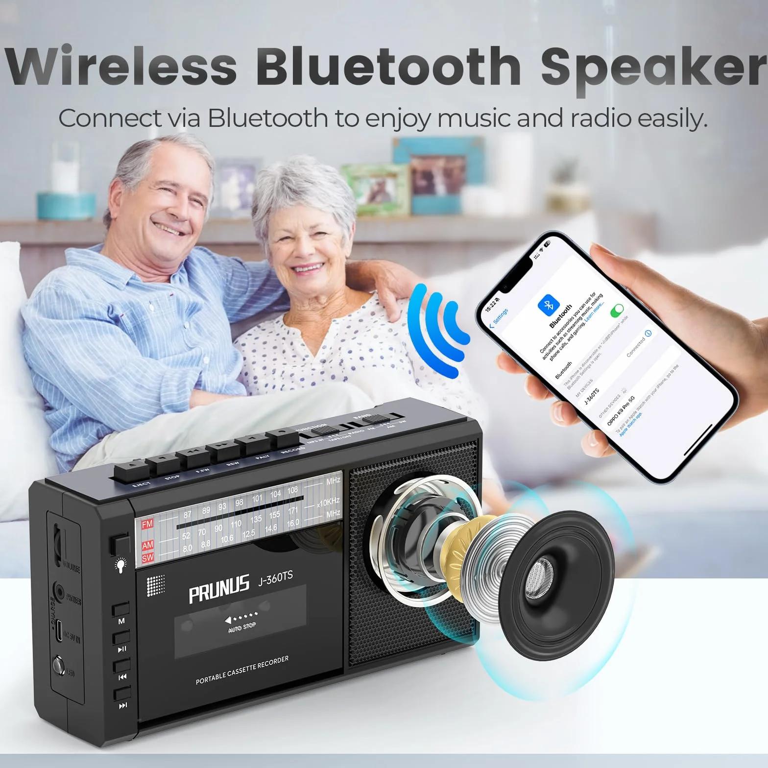 PRUNUS J-360 kasetowy odtwarzacz Bluetooth AM/FM Radio słoneczne ładowalne z gniazdem słuchawkowym TF USB