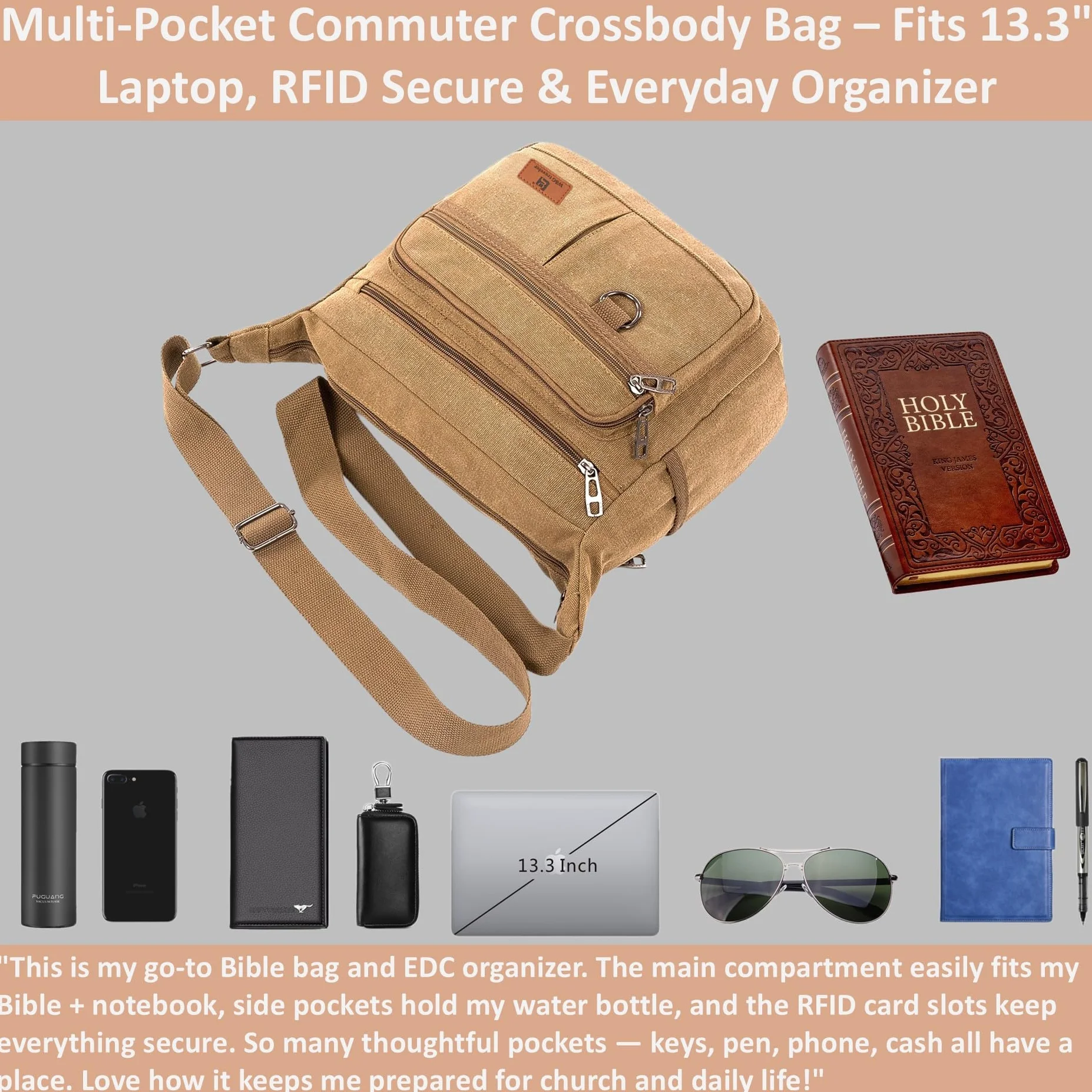 Torba listonoszka Crossbody RFID z uchwytami na butelki, 13-calowa na laptopa, portfel wbudowany