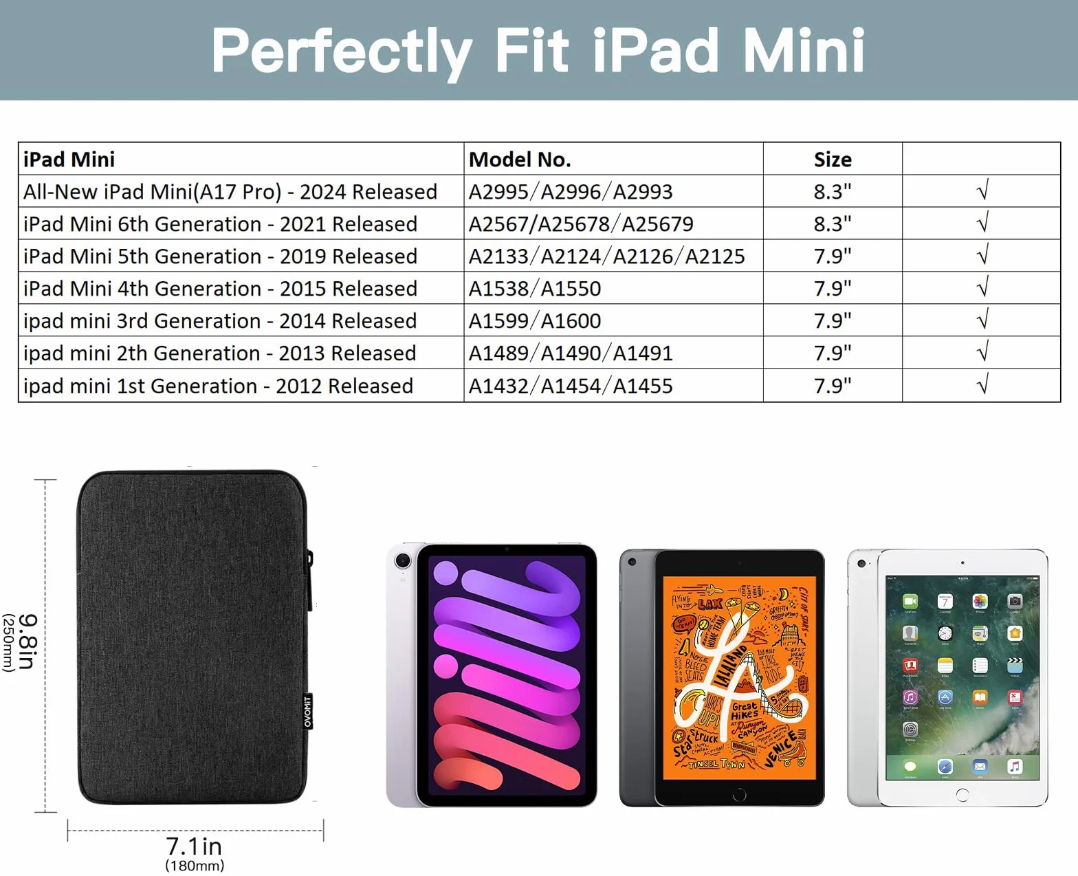 TiMOVO 8-9 Inch Tablet Sleeve Case for All-New iPad Mini 7 (A17 Pro, 2024), iPad Mini 6 (8.3-Inch, 2021), iPad Mini 5/4/3/2/1, Portable Protective Bag with Pockets for iPad Mini, Black
