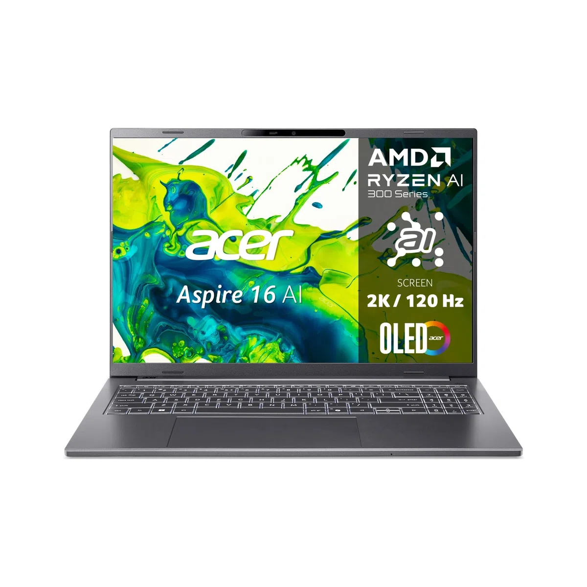Acer Aspire 16 AI OLED (A16-61M-R8RH) KI laptop, Copilot+ PC, wyświetlacz 16" WUXGA+ OLED 120 Hz, AMD Ryzen AI 5 340, 16 GB RAM, 512 GB SSD, AMD Radeon 840M, Windows 11, klawiatura QWERTZ, szary