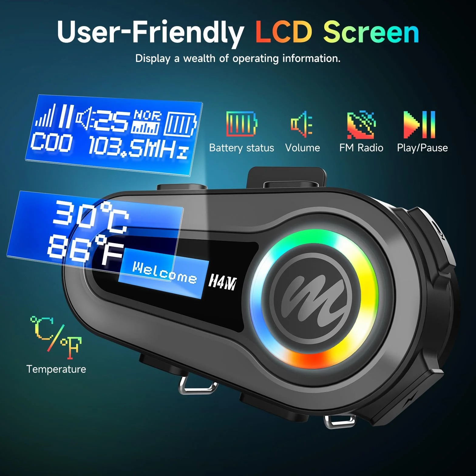 Moman Zestaw słuchawkowy do kasku motocyklowego H4M z ekranem LCD 6 EQ Bezprzewodowe 5.3 HiFi Stereo Radio FM AI Voice