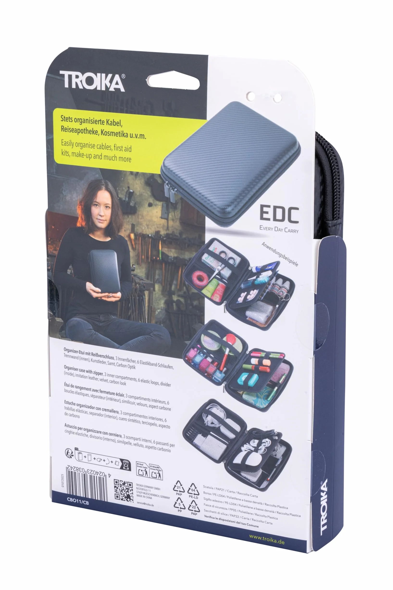 TROIKA Organizer etui z zamkiem błyskawicznym TRAVEL CASE CARBON z 3 przegródkami wewnętrznymi i 6 elastycznymi szlufkami na taśmie wraz ze ścianką działową (wewnątrz) sztuczna skóra, aksamit – wygląd