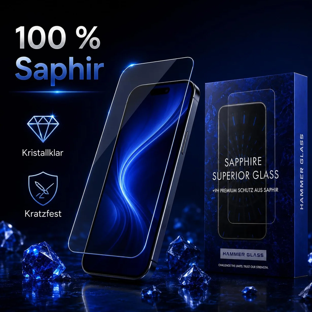 Hammer Glass 100% szafirowe szkło młotkowe do iPhone 16e, szkło pancerne, twardość ponad 9H 9H + szkło ochronne na wyświetlacz z szafiru 6,1", łatwe narzędzie instalacyjne, ultra przezroczyste i