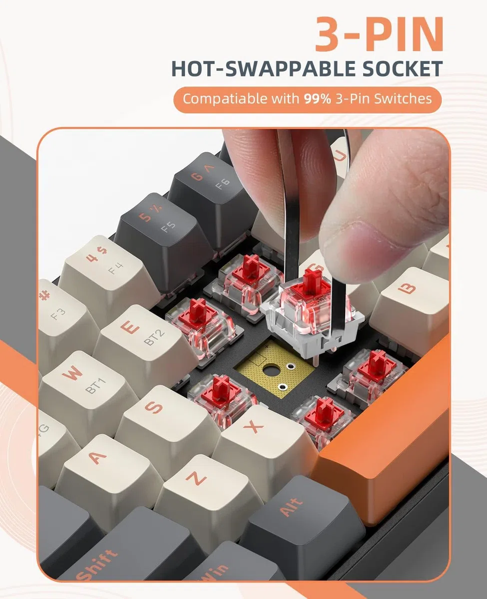 K68 60% Bezprzewodowa Mechaniczna Klawiatura do Gier,Bluetooth 5.0/2.4Ghz 68 Klawiszy Kompaktowa Klawiatura z Odbiornikiem w Dwóch Trybach,Hot Swap,Czerwone przełączniki,na PC,PS4(Zmierzch)