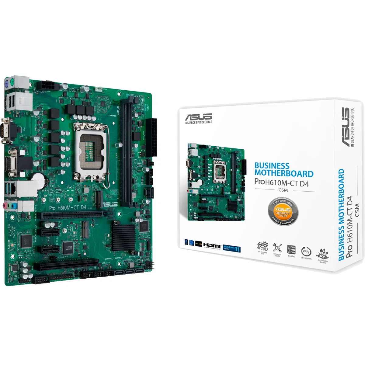 ASUS PRO H610M-CT D4-CSM Płyta główna Intel micro ATX, DDR4 LGA 1700, 4 SATA 6Gb/s, gniazdo M.2, Ethernet Intel, DisplayPort, HDMI, USB 3.2 Gen 2 i Type-C