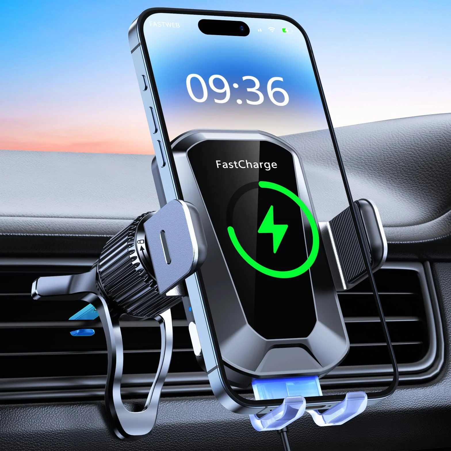 EOIWUY Samochodowy uchwyt na telefon z bezprzewodową ładowarką, automatyczne zaciskanie, szybka bezprzewodowa ładowarka samochodowa 15 W, super stabilny uchwyt samochodowy na telefon z ładowarką na