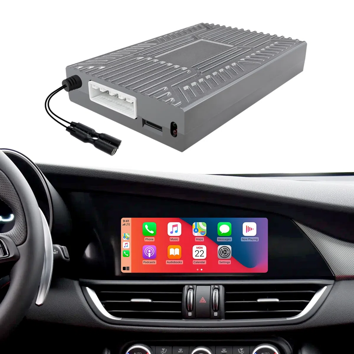 LEXXSON Bezprzewodowy dekoder CarPlay i Android Auto Retrofit do Alfa Romeo Giulia Stelvio 2017-2020, z ekranem 6.5/8,8", Plug & Play, obsługa sterowania Bluetooth i nawigacja