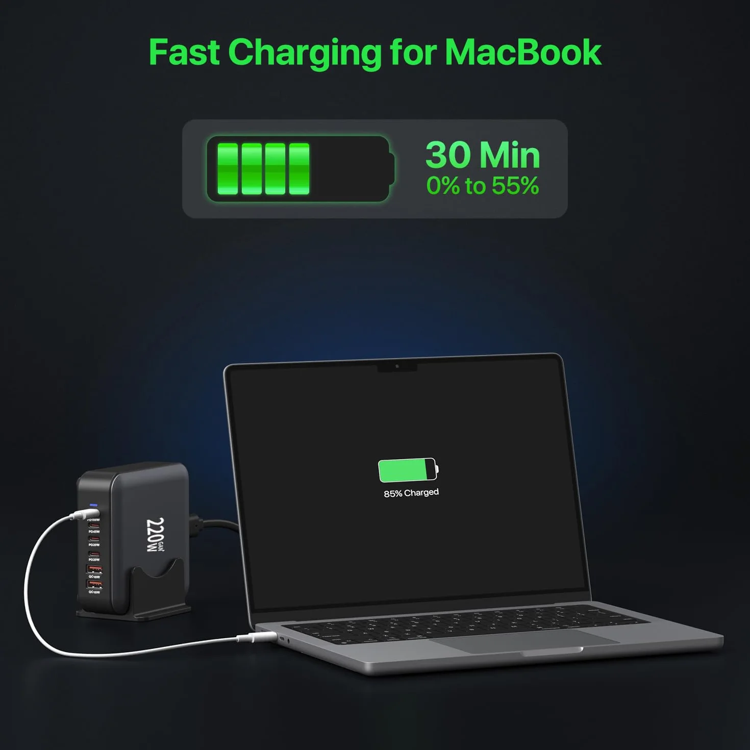 Ładowarka USB C, 6-portowa stacja ładująca 220 W, 【4 USBC + 2 USBA】 Hub szybki kompaktowy adapter zasilania GaN, zasilacz PD USB-C + ładowarka QC kompatybilna z iPhone/iPad/Samsung/Laptop