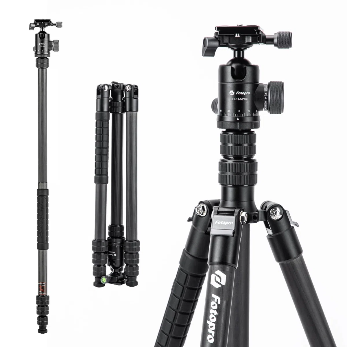 Fotopro Statyw z włókna węglowego 185 cm do aparatu, kompaktowy statyw podróżny z głowicą kulową, zdejmowany monopod z płytą szybkiego zwalniania i torbą na aparat, nośność do 10 kg, stojak