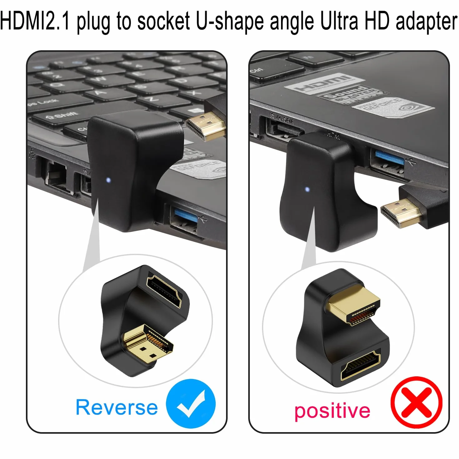 QIANRENON Adapter HDMI 2.1 w kształcie litery U Ultra HD 8K HDMI męski na żeński kąt 180° złącze złącza, 8K przy 60 Hz UHD2.1 3D, do monitora HDTV, projektora, laptopa, PC, 2 szt. (wsteczny)