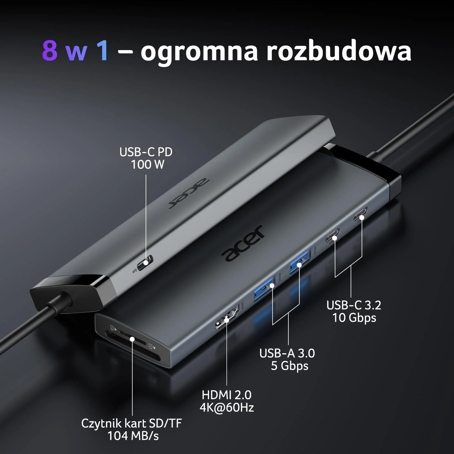 Acer 8 w 1 Hub USB-C 10Gbps Adapter USB-C do HDMI 4K@60Hz 2×USB-C 3.2 2×USB A 3.0 Port PD 100W Rozdzielacz wieloportowy typu C z czytnikiem kart SD/TF