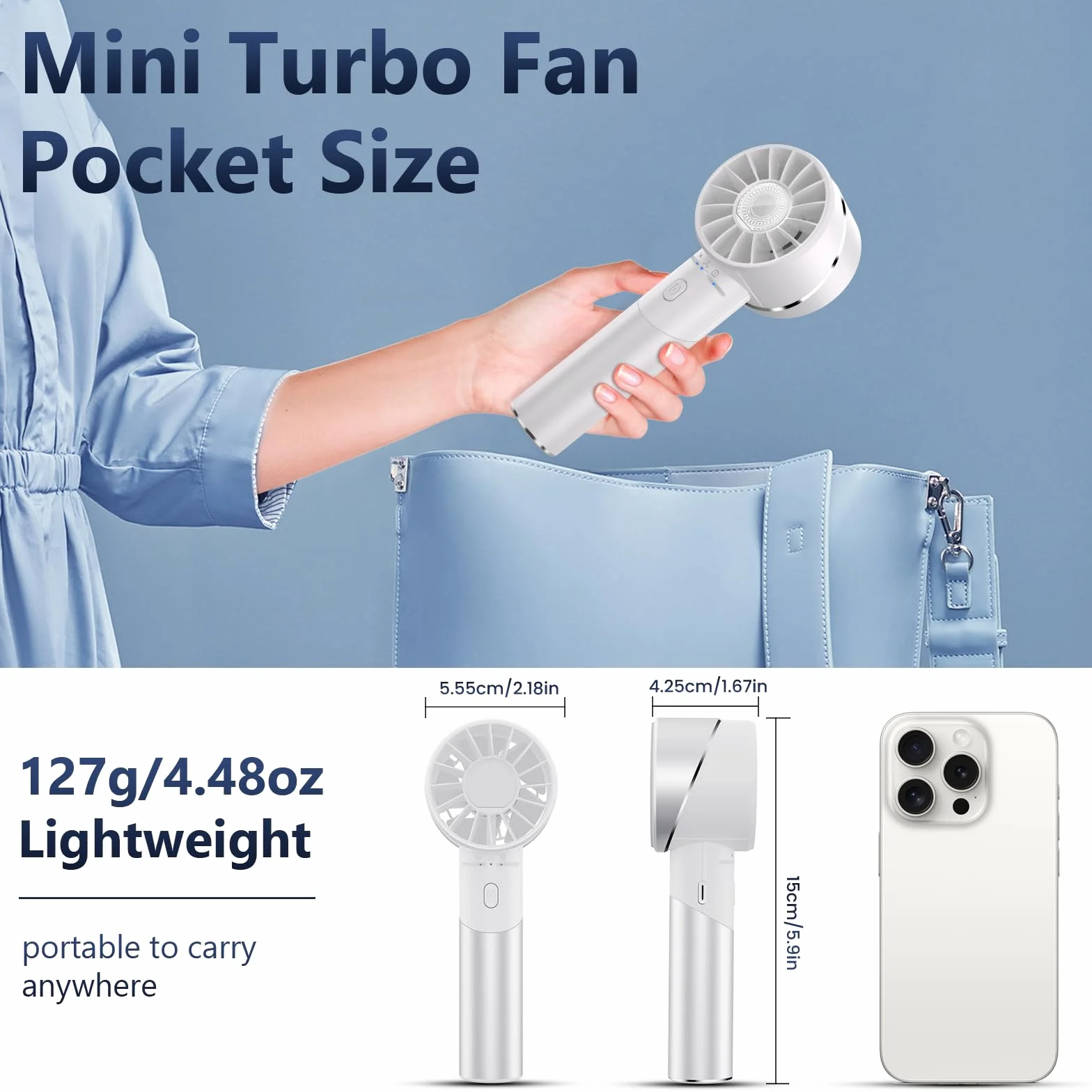 Mini wentylator ręczny USB akumulatorowy 4 prędkości 16h przenośny turbo kieszonkowy Niebieski
