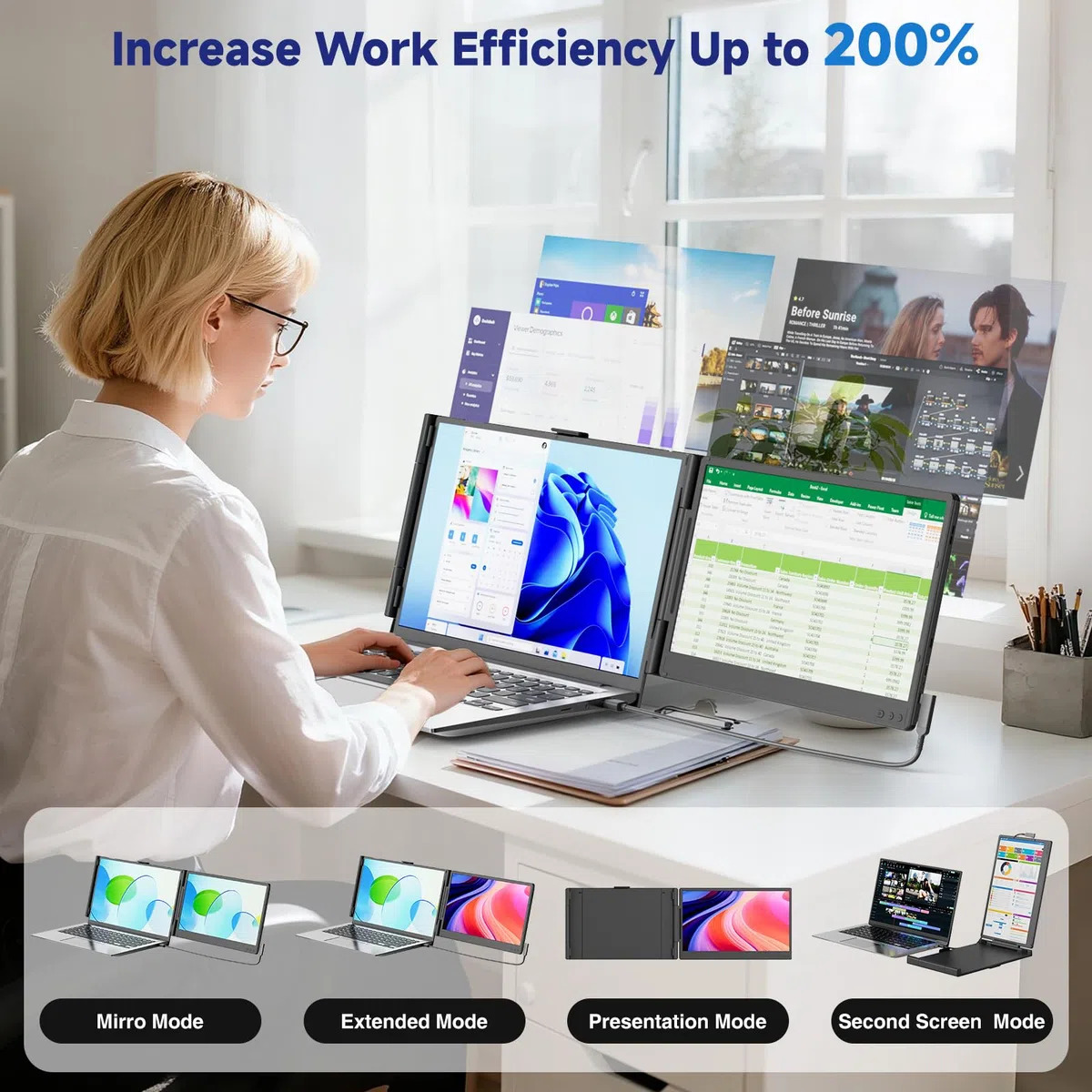 Rozszerzenie ekranu laptopa, podwójne rozszerzenie ekranu IPS FHD 1080P 14„, przenośny monitor do laptopów 13-17,3”, podwójny ekran Plug & Play dla Windows/Mac z portem USB C/HDMI
