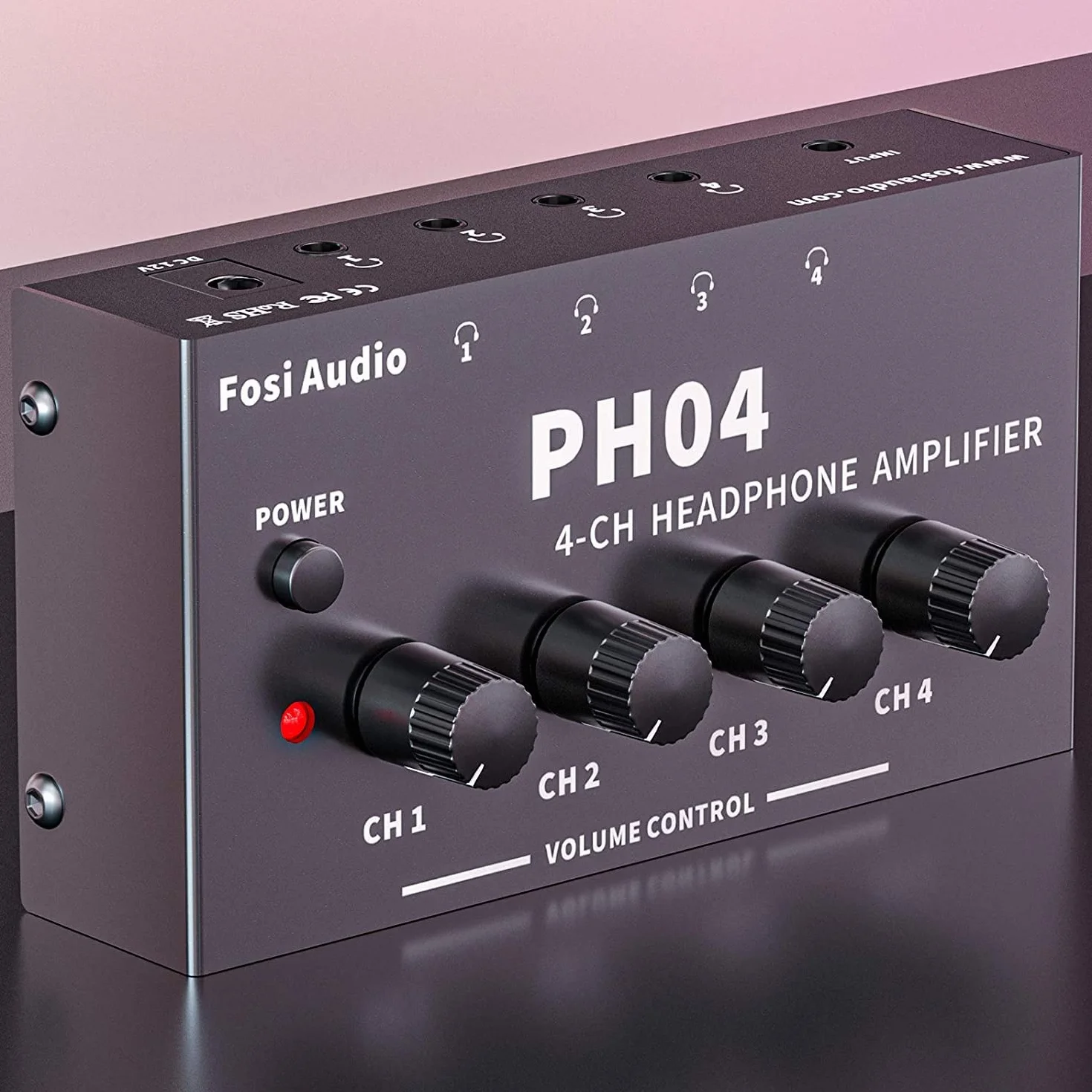 Fosi Audio PH04 4-kanałowy wzmacniacz słuchawkowy Metalowy wzmacniacz audio stereo z zasilaczem 12 V 1,5 A, ultrakompaktowy przenośny rozdzielacz słuchawek do studia i na scenę