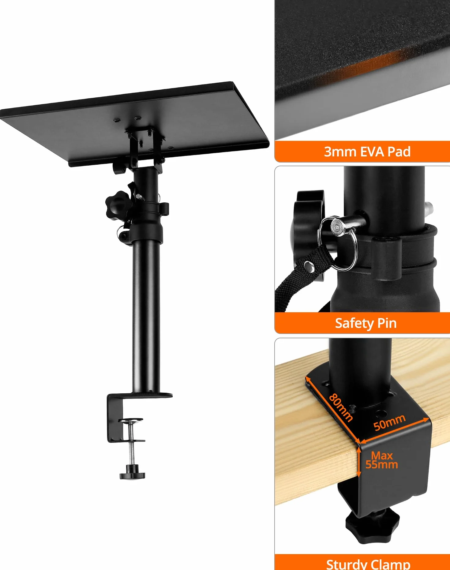 QWORK® Stojak na biurko głośnikowy, kąt nachylenia +/-15°, regulowana wysokość 35-59 cm, nośność 30 kg, czarny
