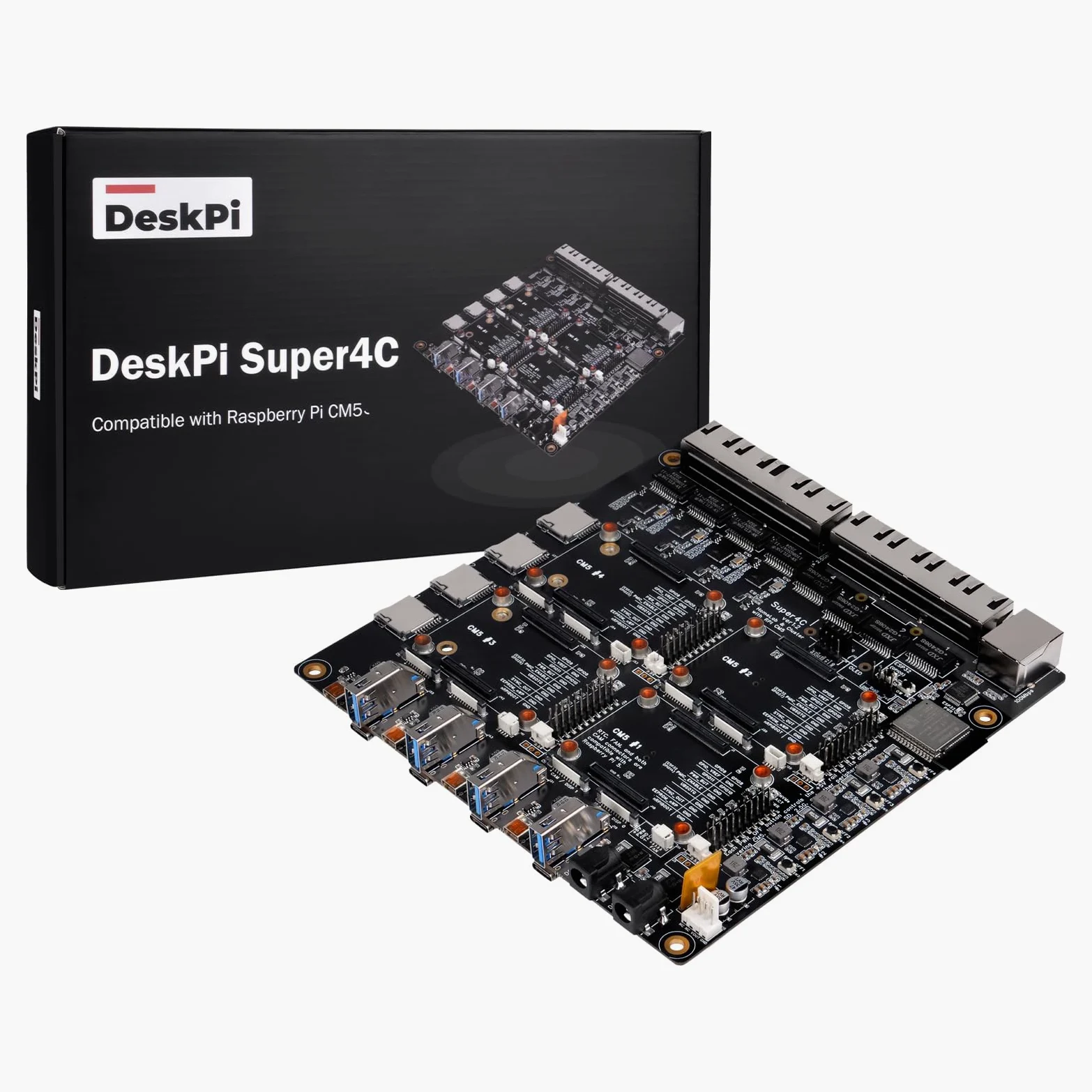 DeskPi Super4C do Raspberry Pi Compute Module 5, Cluster Mini-ITX Board obsługuje 4 CM5, sieć 2,5 GbE + 1 GbE, M.2 NVMe, montaż w stelażu 1U, w zestawie zasilacz sieciowy 89 W
