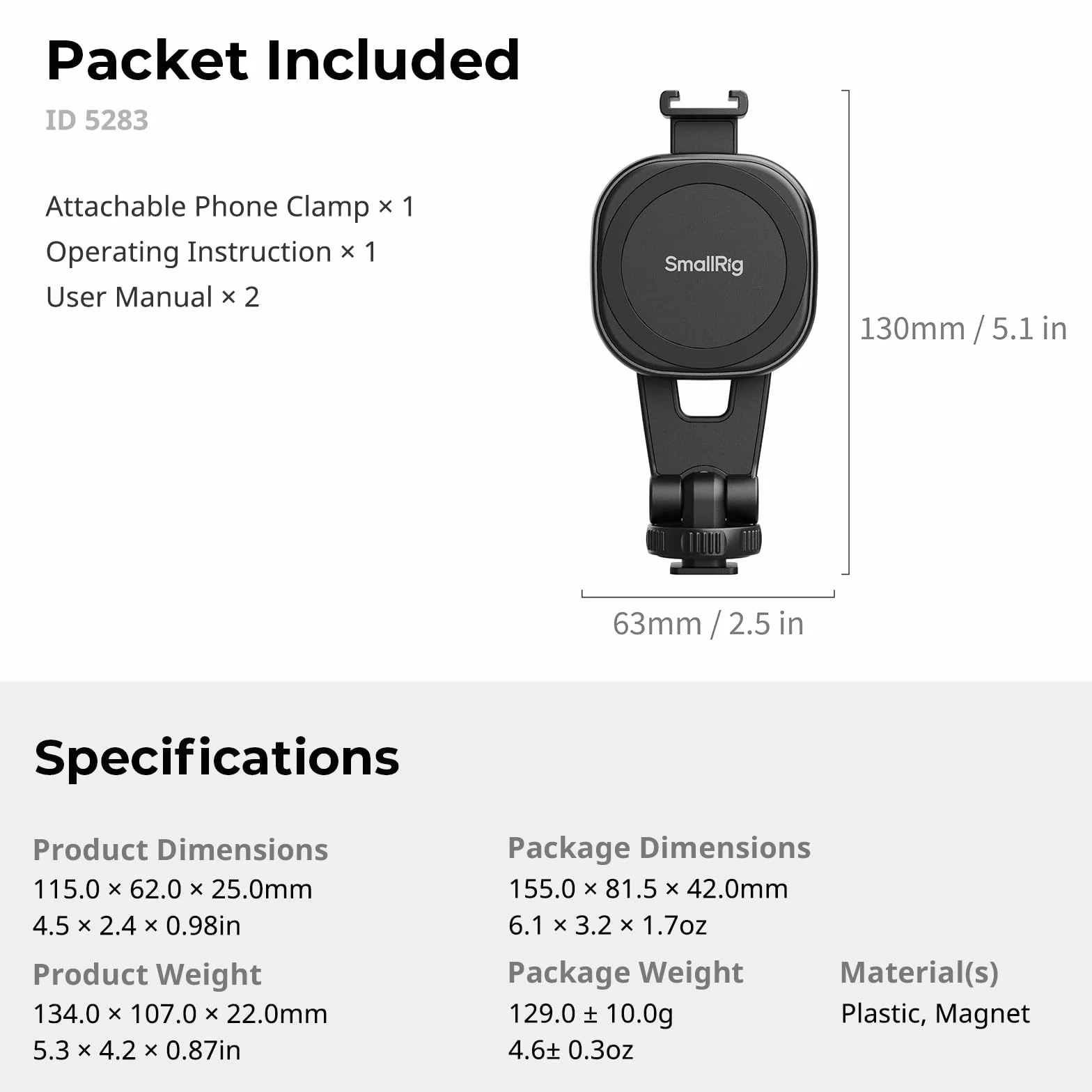 SMALLRIG Magnetyczny zacisk do telefonu AC-10 z mocowaniem na zimną stopkę i otworem gwintowanym 1/4"-20, do iPhone 16/15 / 14, kąt nachylenia 90° do nagrywania i transmisji na żywo - 5283