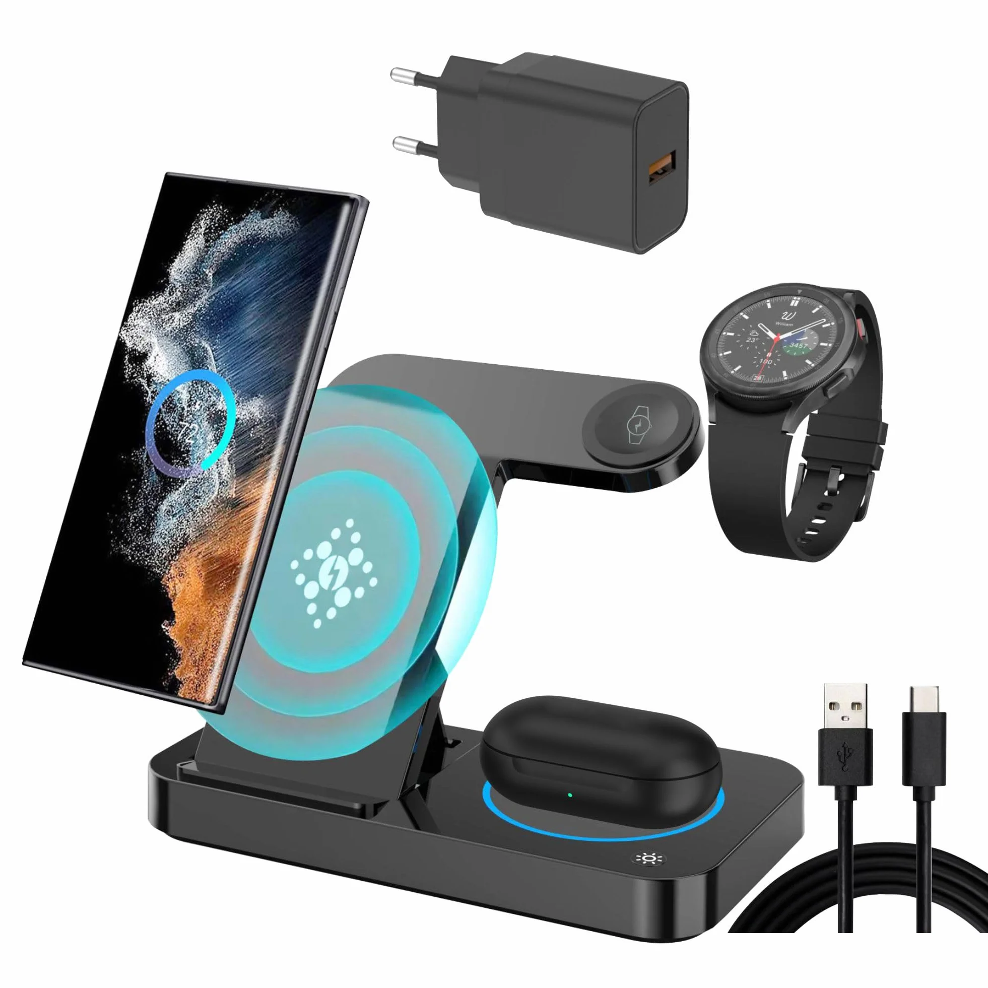 Bezprzewodowa stacja ładująca 3 w 1 do Samsung Galaxy S25 S24 Ultra S23 S22 Note 20 Z Fold 7/6 Watch 8 7 6 5 Buds czarna