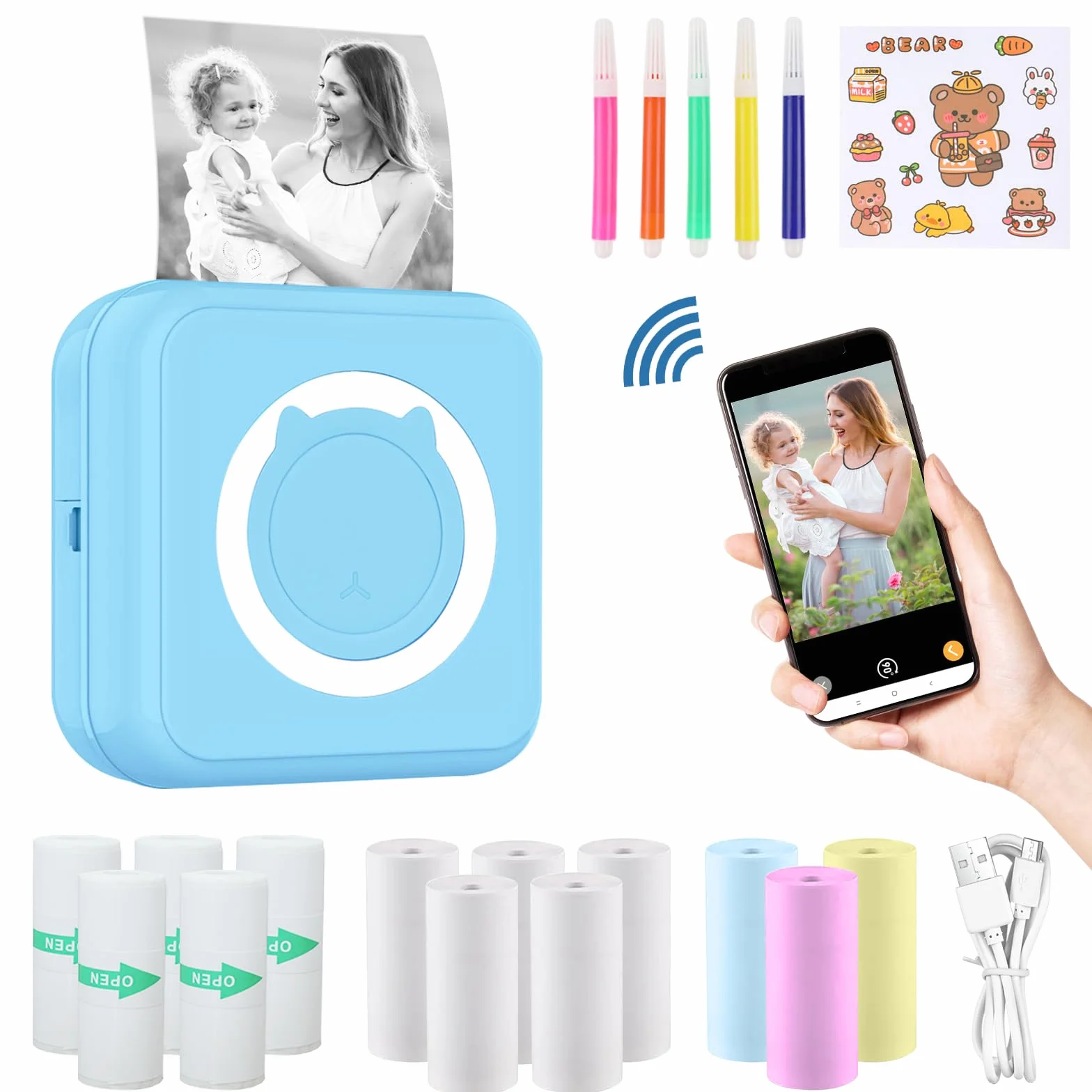 Mini drukarka fotograficzna, bezprzewodowa, termiczna drukarka kieszonkowa do szkoły, domu, list, DIY Doodle Dash, drukowanie zdjęć, niebieska
