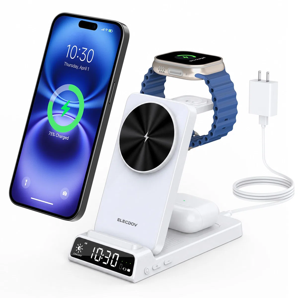 3-w-1 bezprzewodowa stacja ładująca dla Apple, składana magnetyczna stacja ładująca dla iPhone 17e/17 Pro Max/16 /Pixel 10/Samsung S26, stacja ładująca z zegarkiem dla Apple Watch 10/Ultra/9