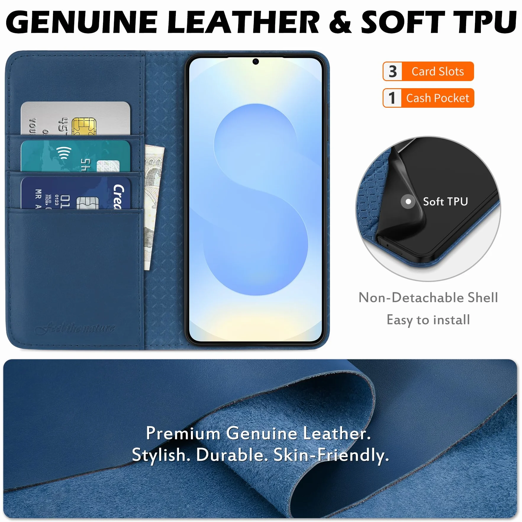 SHIELDON Etui portfelowe na telefon Galaxy S25 5G, etui z klapką z prawdziwej skóry [etui na karty] [podpórka] [blokada RFID] [wewnętrzna powłoka TPU] magnetyczne, odporne na wstrząsy, kompatybilne z