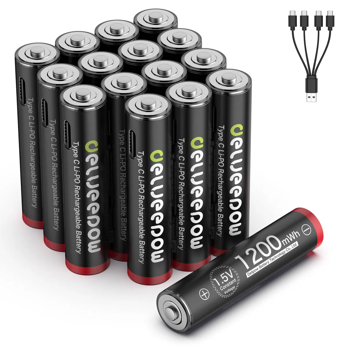 Akumulatory litowe USB-C AAA do ponownego ładowania, 1,5 V 1200 mWh USB baterie AAA z kablem do ładowania USB-C 4 w 1, szybkie ładowanie 1 godzina, 1500 cykli pracy, 16 sztuk
