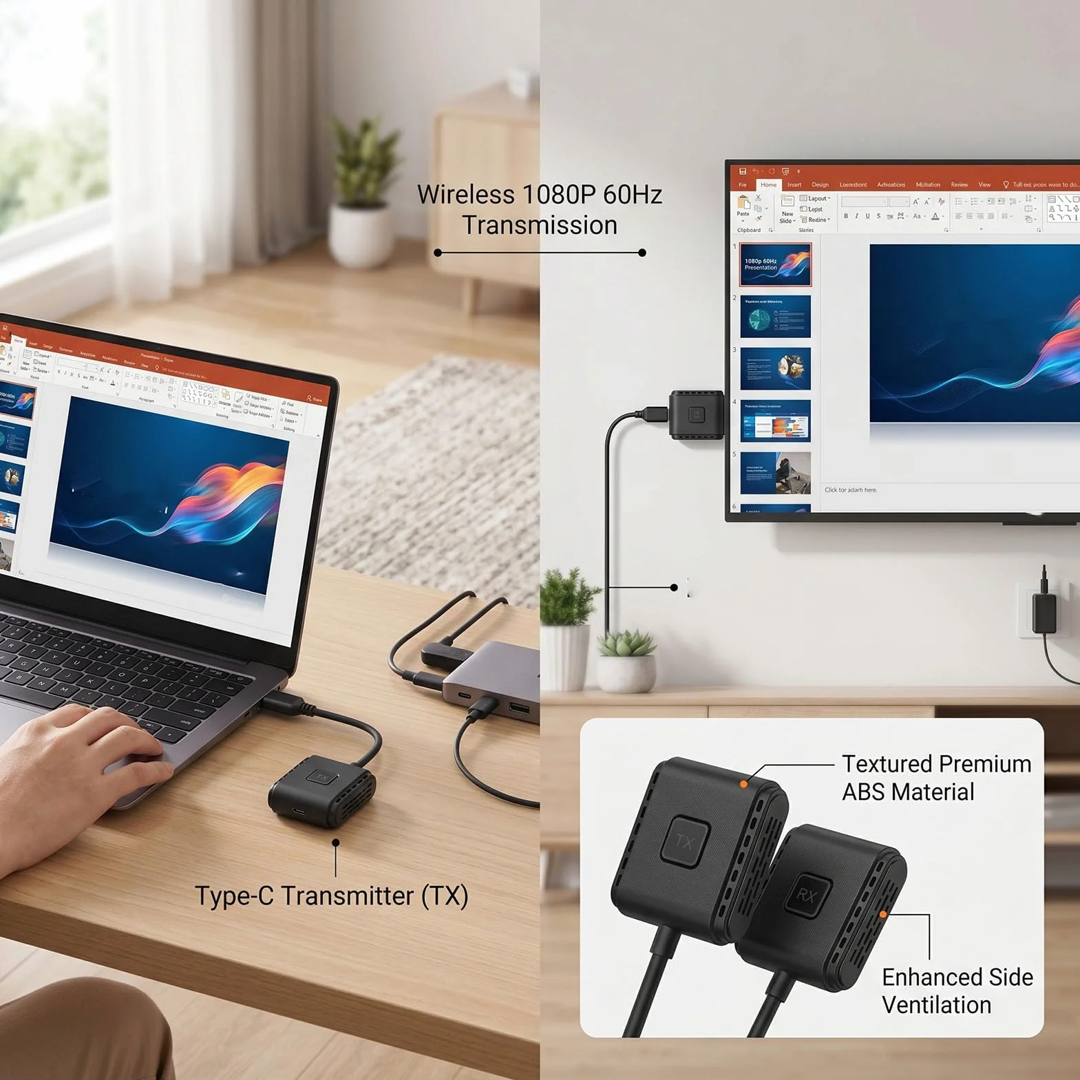 XUMIUZIY Bezprzewodowy Nadajnik i Odbiornik USB C 1080P HDMI, 165 Stóp/50 M | Dwuzakresowy bezprzewodowy adapter wyświetlacza 2,4/5G, podwójne tryby lustrzane i rozszerzające, umożliwiające