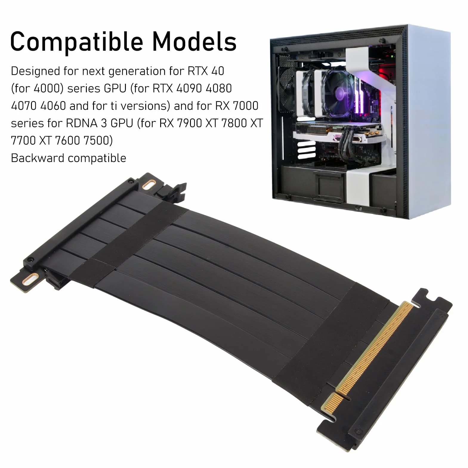Kabel Riser PCIE 4.0 X16 do RTX 4090, Szybki Elastyczny Dwustronny Przedłużacz GPU 180 Stopni, Kompatybilny z RX 7900 XT (Czarny)