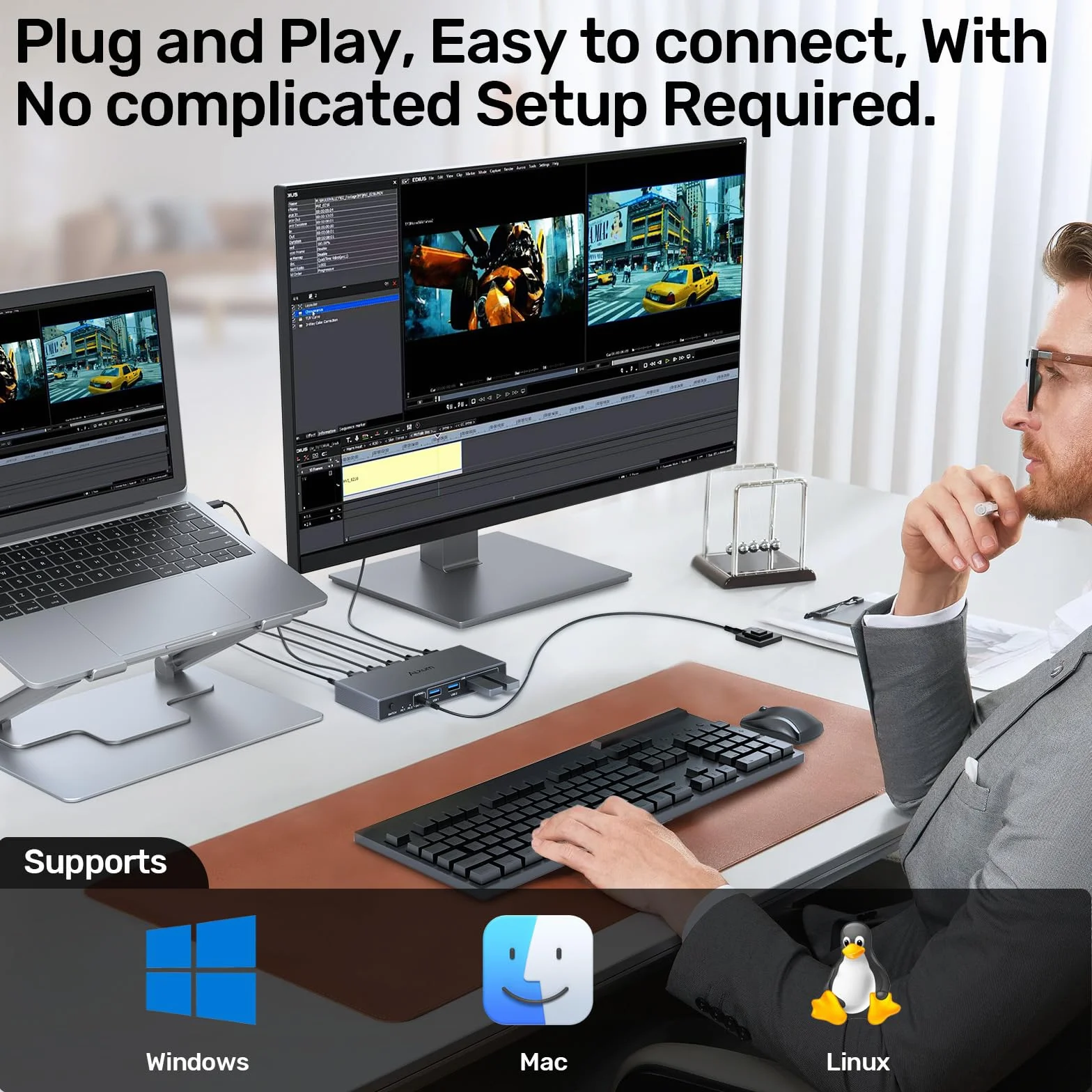 Alxum Przełącznik KVM HDMI 2 komputery 1 monitor 4K 60 Hz 4 USB A 5 Gb/s kontroler biurkowy 2 kable USB 3.0