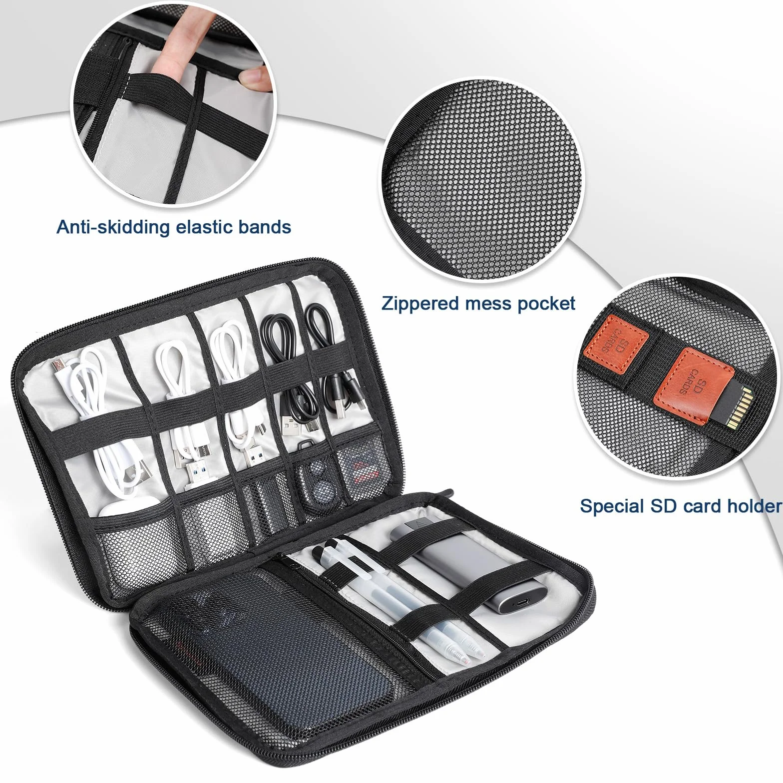 Cozary Torba do przechowywania kabli, torba na kable podróżne, przenośny organizer akcesoriów elektronicznych na dyski twarde, kable, ładowarkę, kable USB, kartę SD, czarny, Przenośna i oszczędzająca