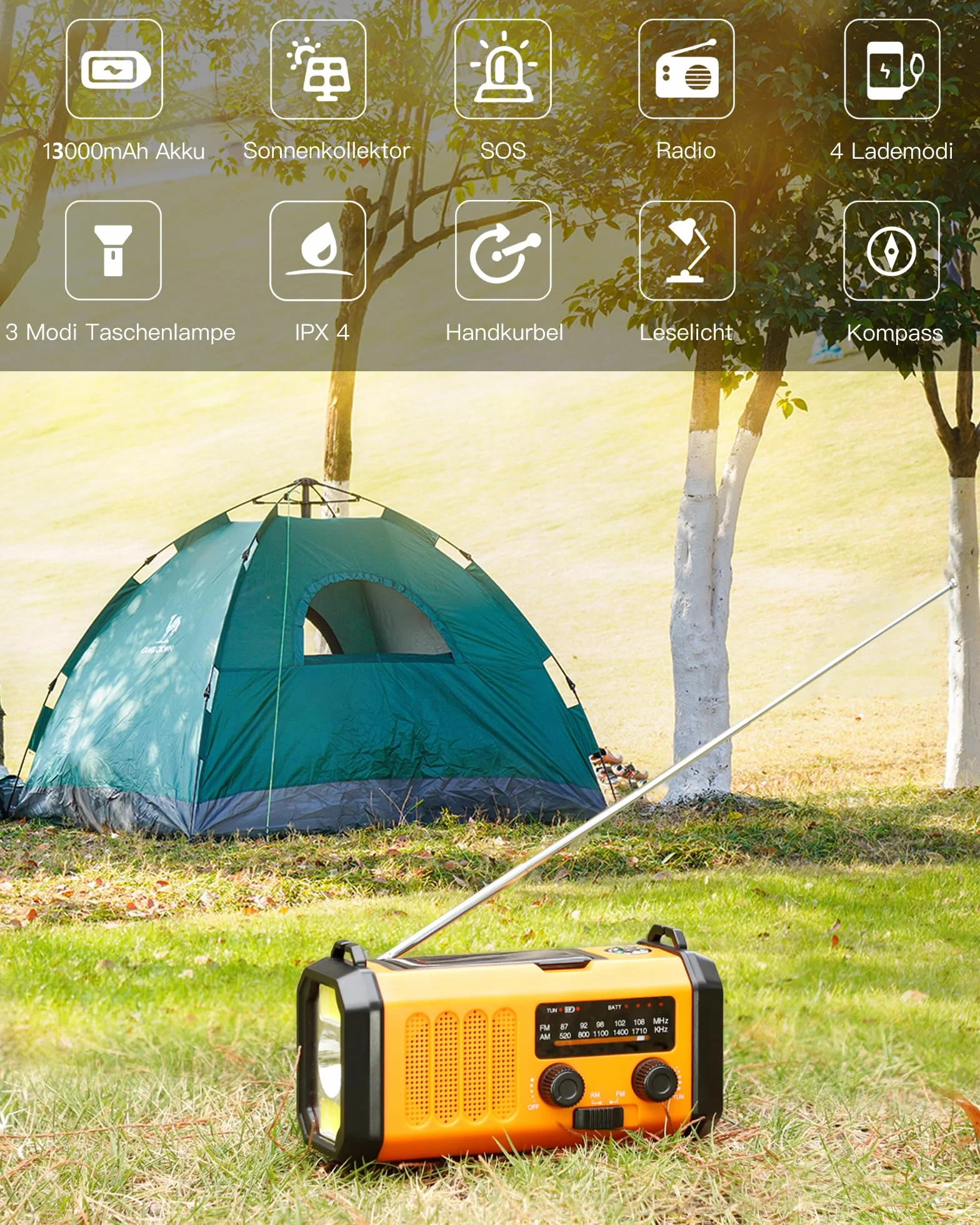 48100mWh/13000mAh Solarne Radio Awaryjne z Korbą Ręczną, 4 Kierunkowy Przenośny Akumulator AM FM Radio,ładowarka do Telefonu,Latarka i Lampka do Czytania,SOS,Kompas dla Przetrwanie Czarnout Kempingowy