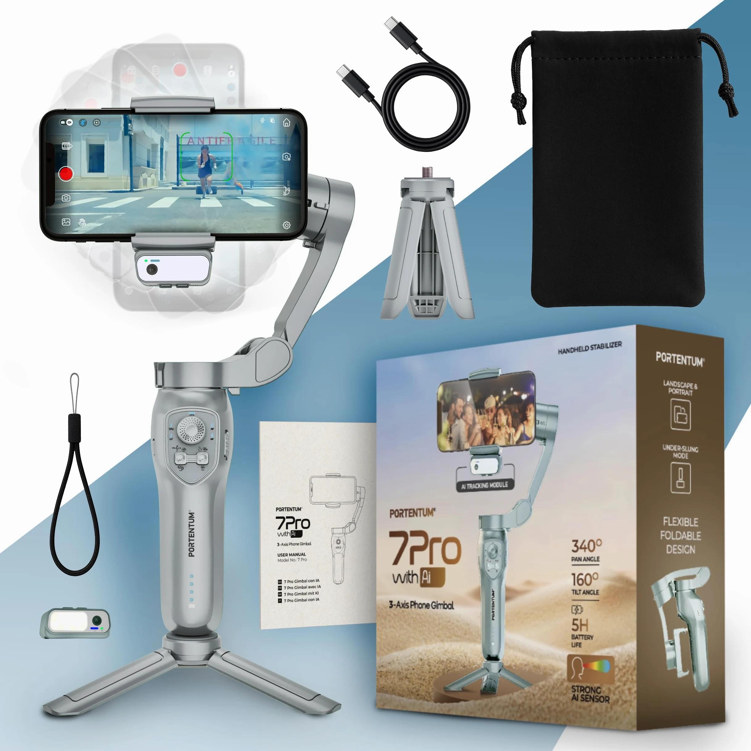 PORTENTUM 7 Pro Stabilizator smartfona z autonomicznym modułem sztucznej inteligencji - składany 3-osiowy uchwyt ze statywem - stabilizator iPhone i Android - opcjonalna aplikacja - TikTok vlog