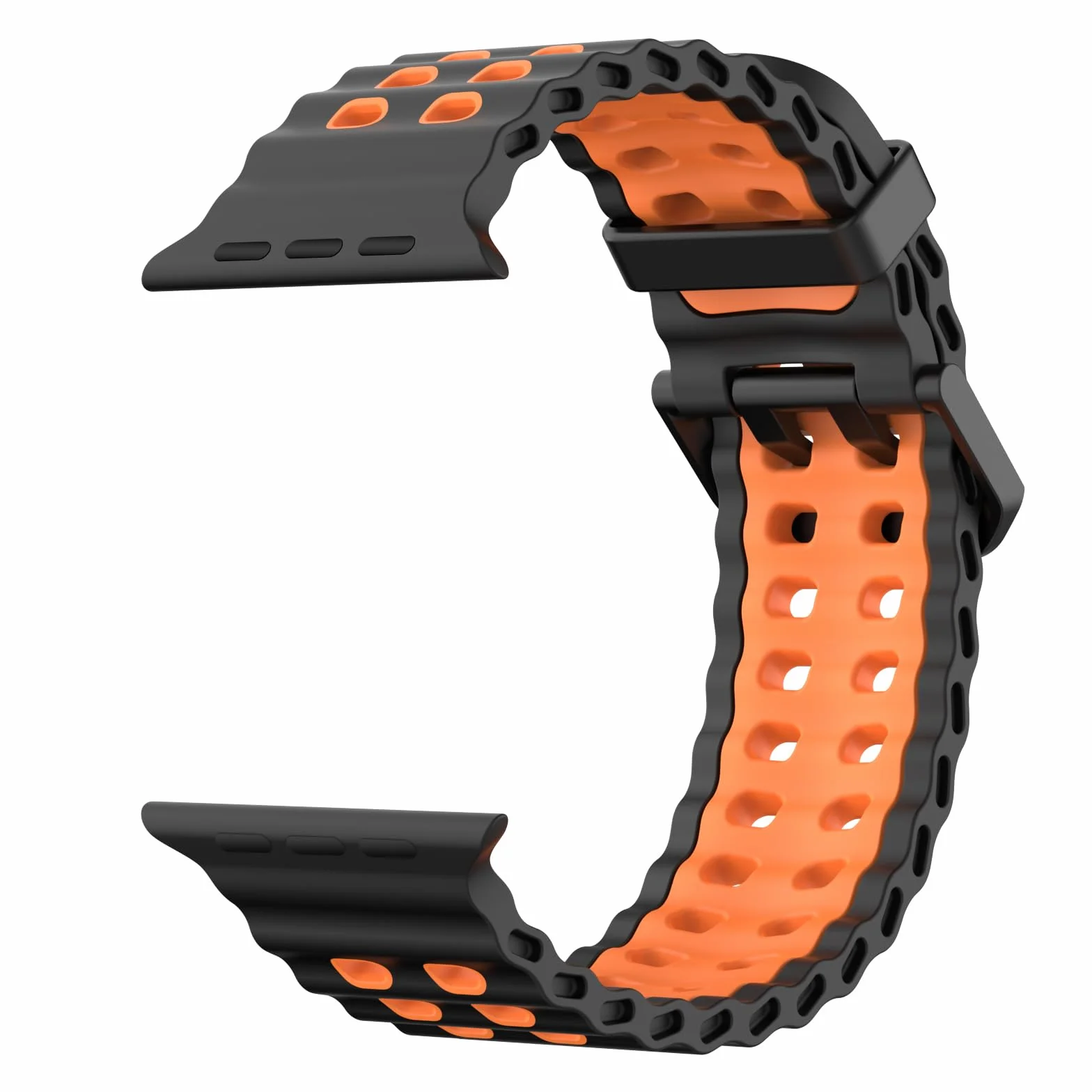 Breathable Ocean Strap Compatible with Apple Watch Ultra 2/Ultra 49mm,Series 10 46mm,9/8/7 45mm,SE2/SE/6/5/4 44mm,3/2/1 42mm, Silicone Watch Band Sport Strap for Men Women, Black/Orange