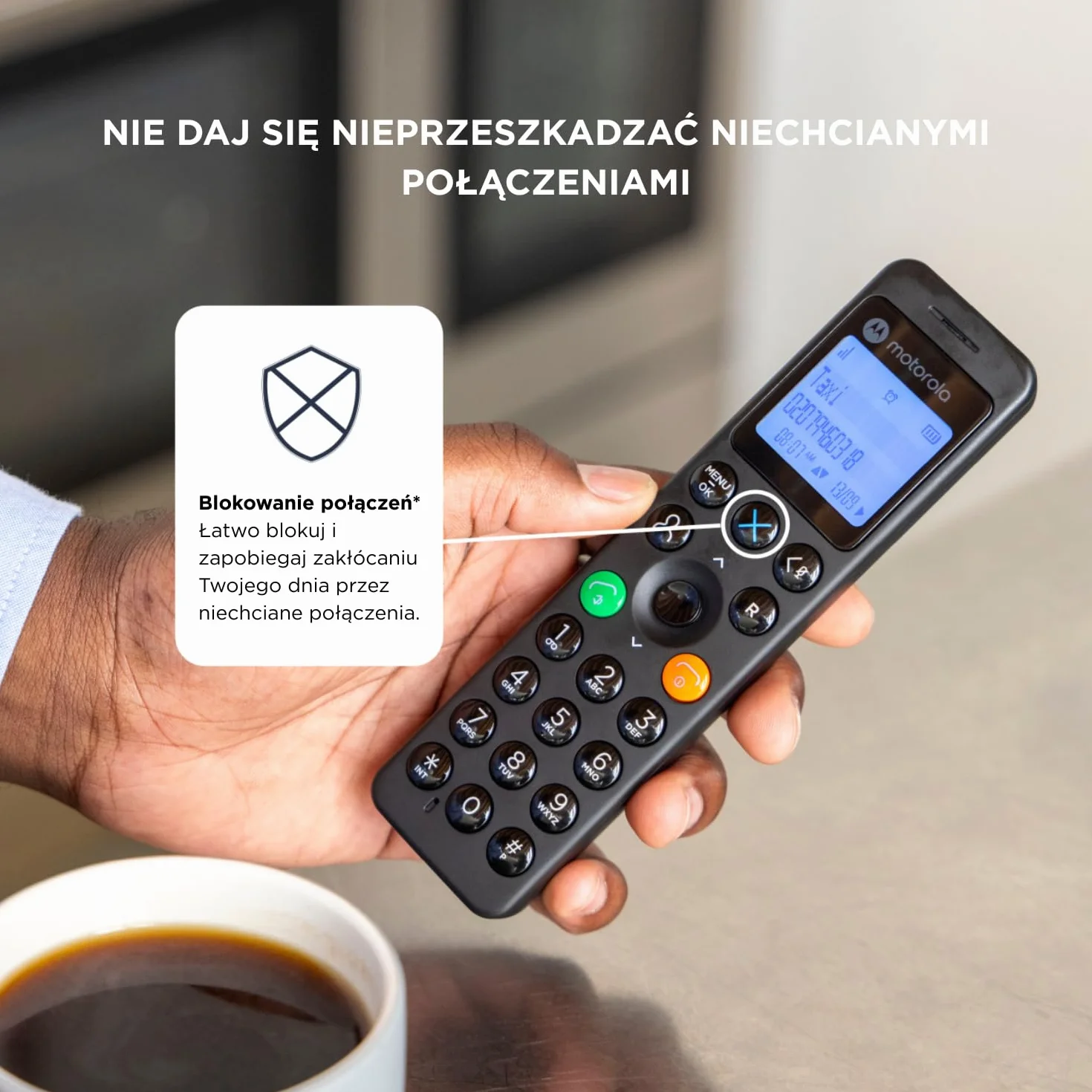 Motorola DOT201 bezprzewodowy telefon cyfrowy, głośnik głośnomówiący, blokada połączeń, 100 kontaktów, czarny