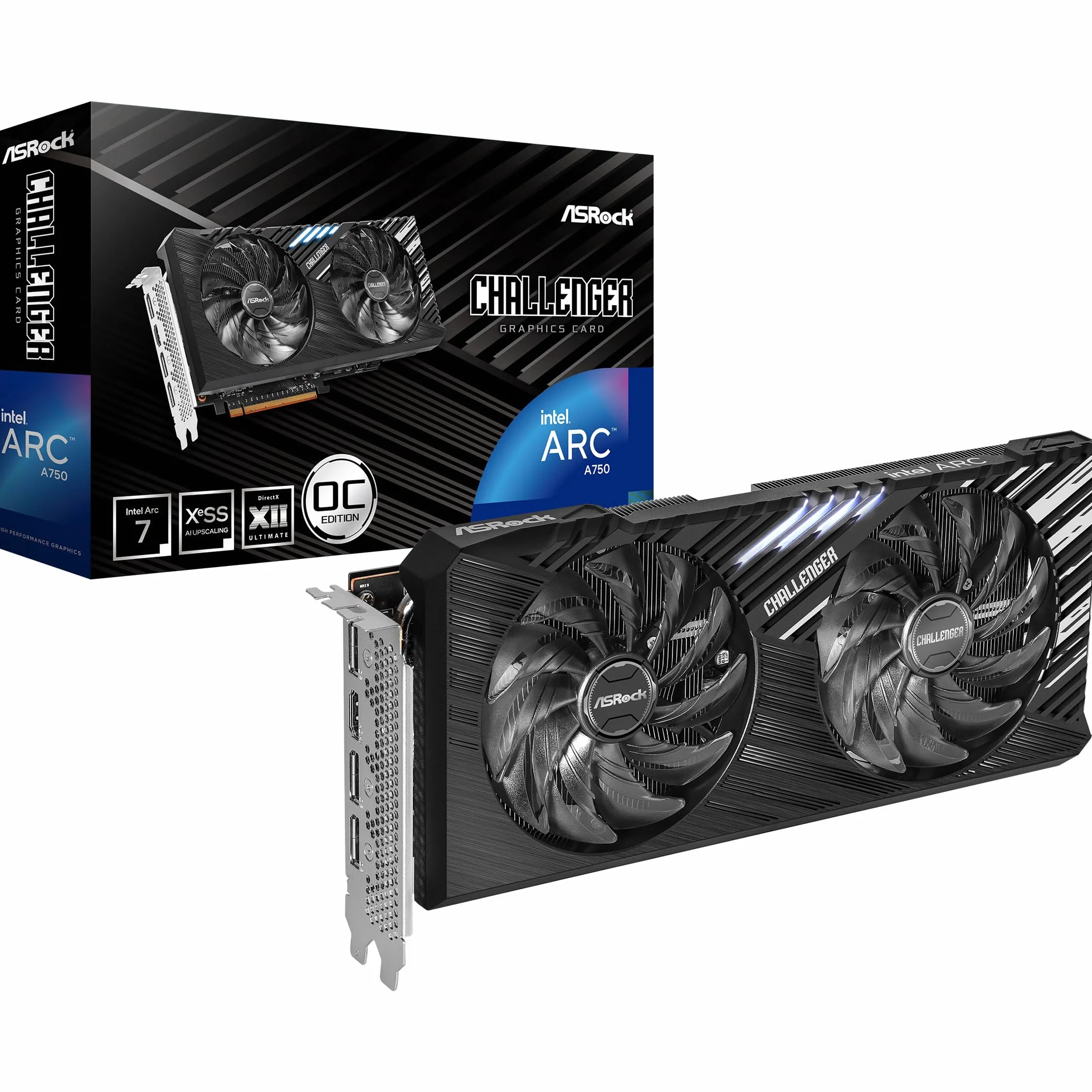 ASRock Intel Arc A750 Graphics 8 GB pami?ci, cz??ciowo bez wentylatora, os?ona przedniego wentylatora, z o?wietleniem RGB, karta graficzna OC Edition, A750, CL SE, 8GO, oficjalny sprzedawca krajowy