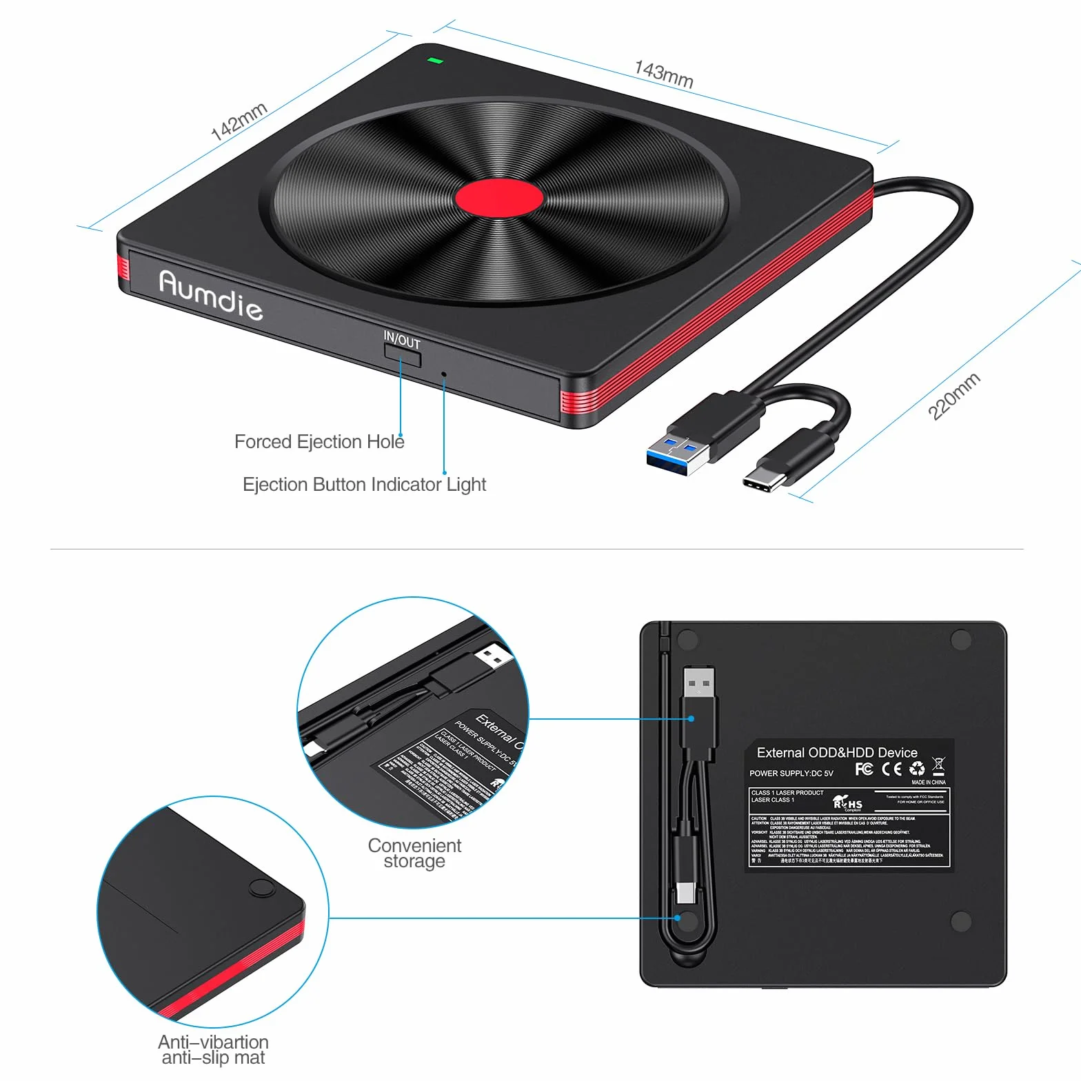 Zewnętrzny napęd DVD, USB 3.0 CD/DVD, zewnętrzny napęd CD USB C, zewnętrzny napęd CD do laptopów, PC, zewnętrzny nagrywarka CD DVD i odtwarzacz do Windows 11/10/8.1/7/XP/Vista, Linux, komputer