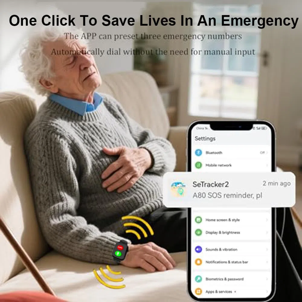 Zegarek alarmowy dla seniorów, zegarek awaryjny z czujnikiem upadku i lokalizatorem GPS, połączenie alarmowe SOS i monitorowanie zdrowia, dwukierunkowa telefonia, IP67, wodoodporny do