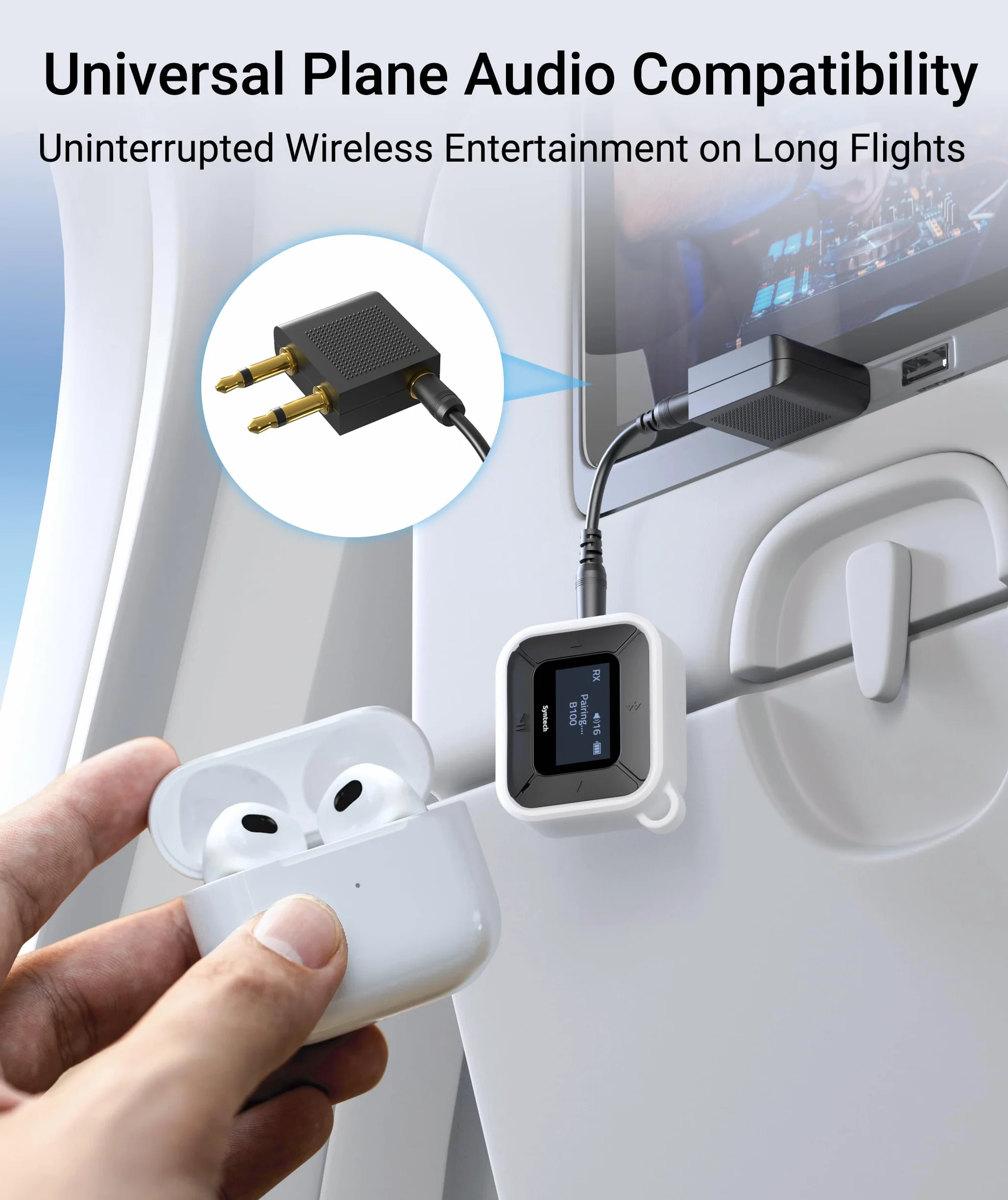 Syntech Samolotowy nadajnik-odbiornik Bluetooth z podwójnym adapterem AUX 3,5 mm, wyświetlaczem LED Adapter Dual Link Bluetooth 5.3 do AirPods bezprzewodowych słuchawek samochodowych